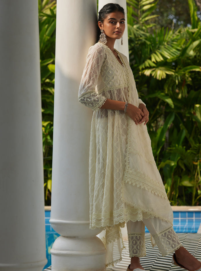 Mulmul Organza Anarkali Dori White Kurta