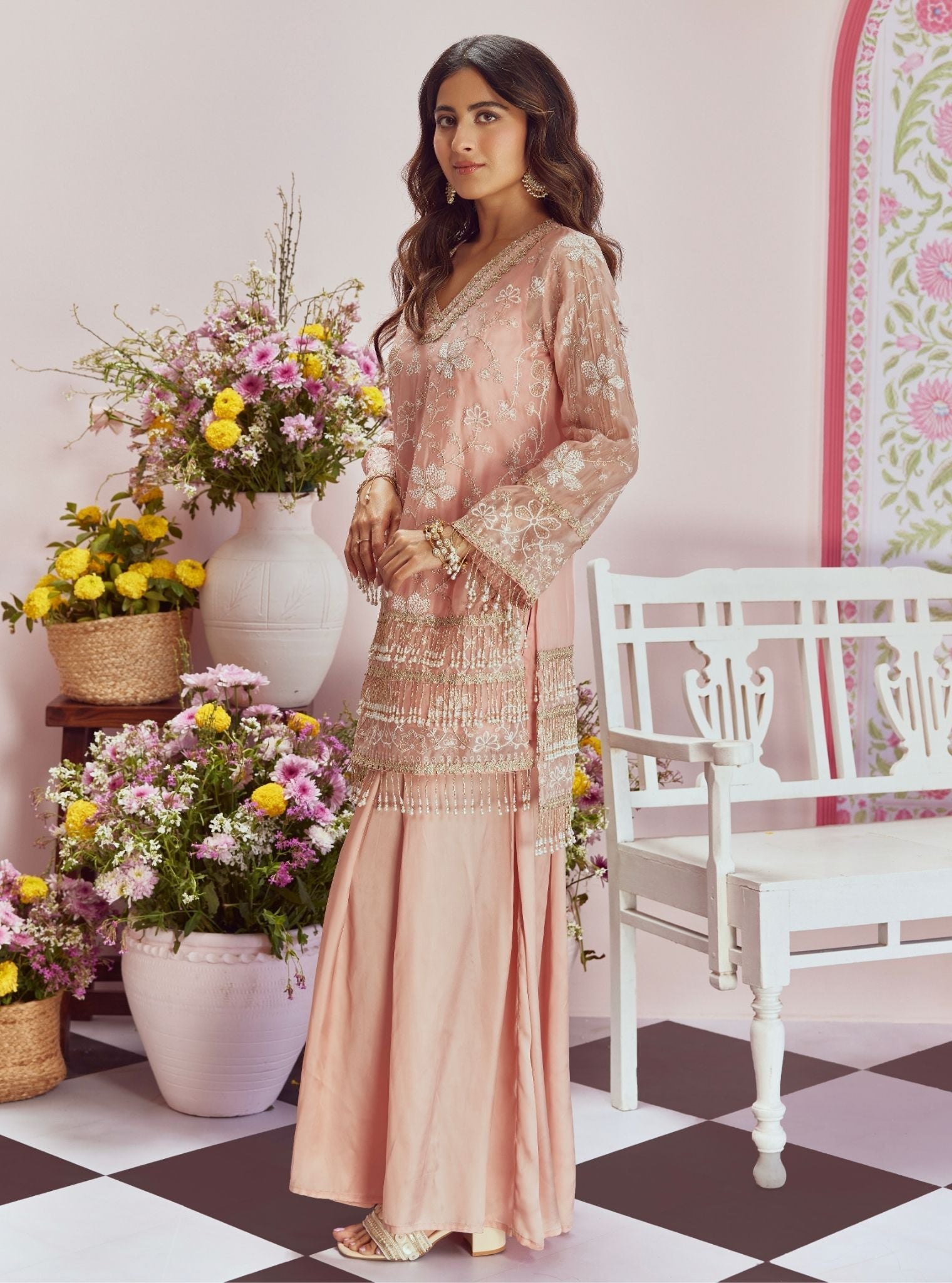 Mulmul Organza Raag Pink Kurta With Mulmul Cupro Satin Raag Pink Sharara