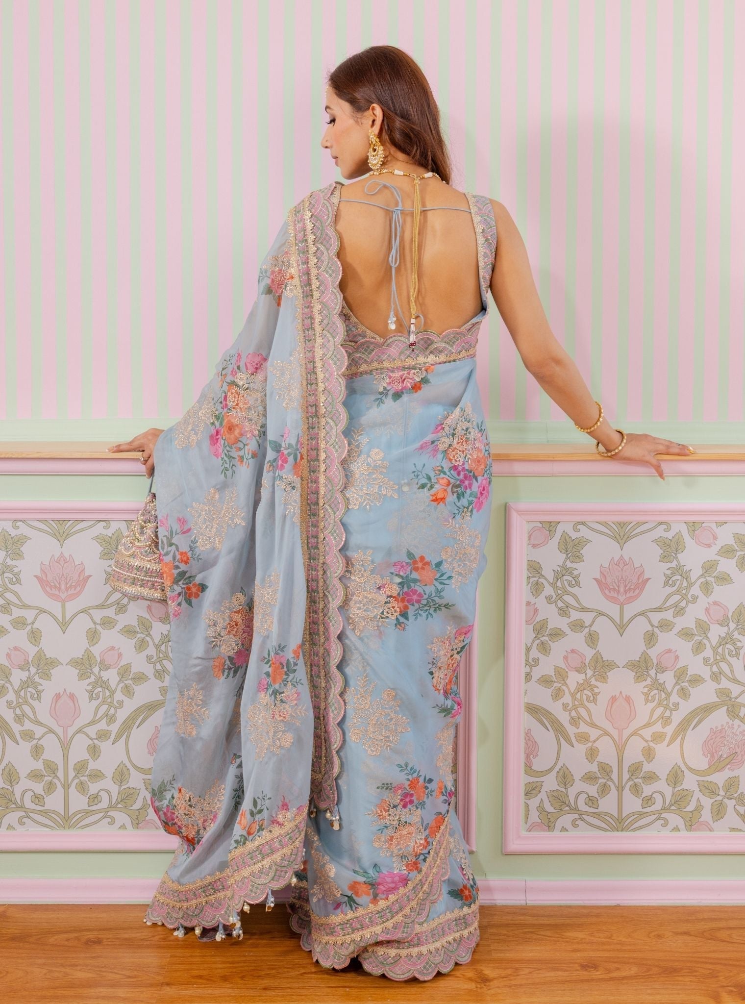 Mulmul Organza Printed Swar Grey Blue Saree
