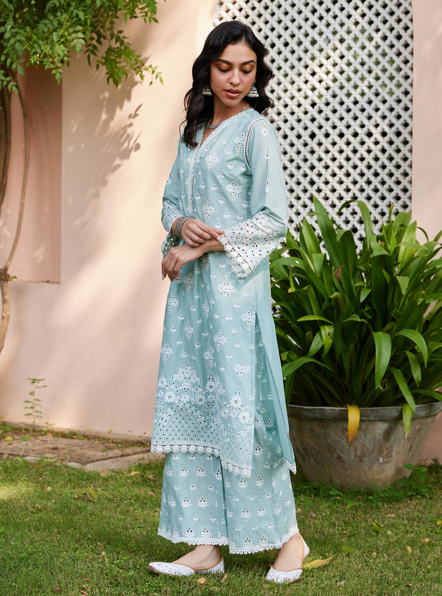 Mulmul Cotton Peehu Light Blue Kurta with Cotton Satari White Pant