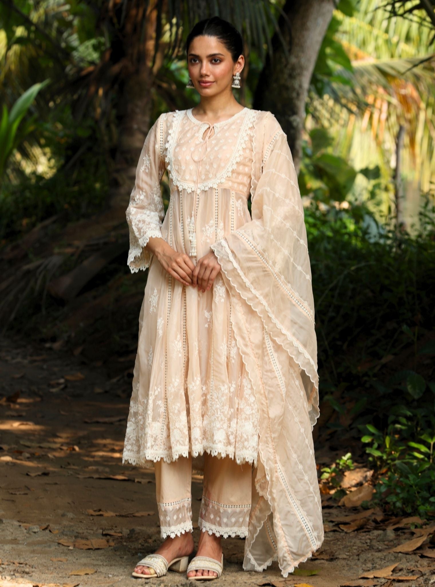 Mulmul Organza Neesa Beige Anarkali Kurta With Mulmul Cotton Neesa Beige Pant
