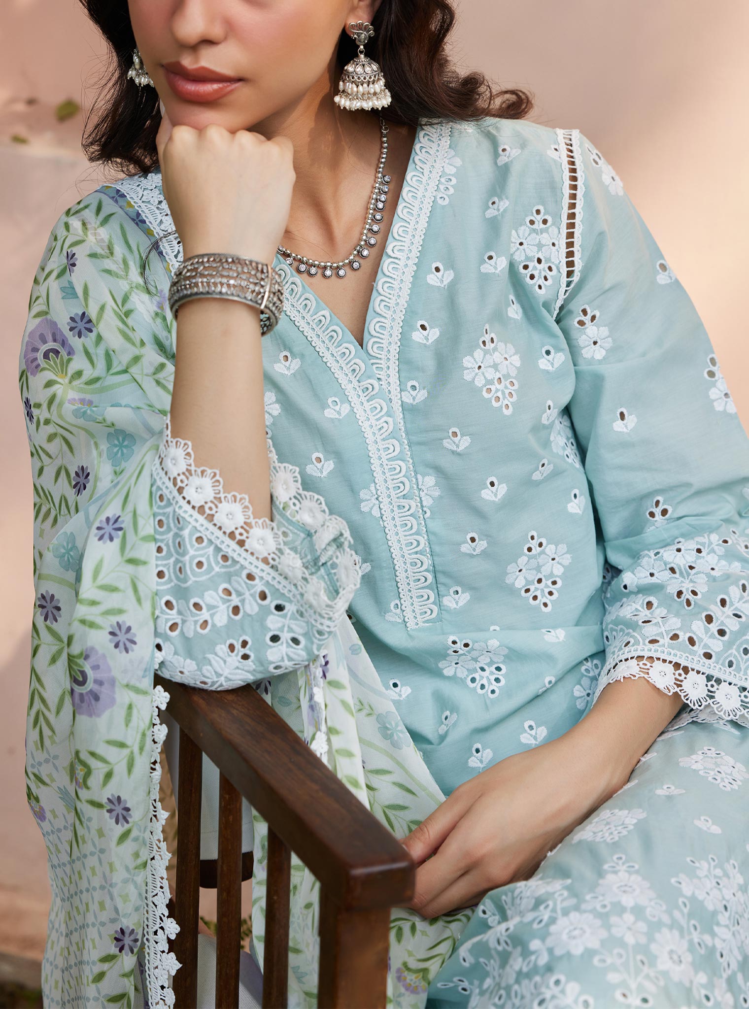 Mulmul Cotton Peehu Light Blue Kurta with Cotton Satari White Pant