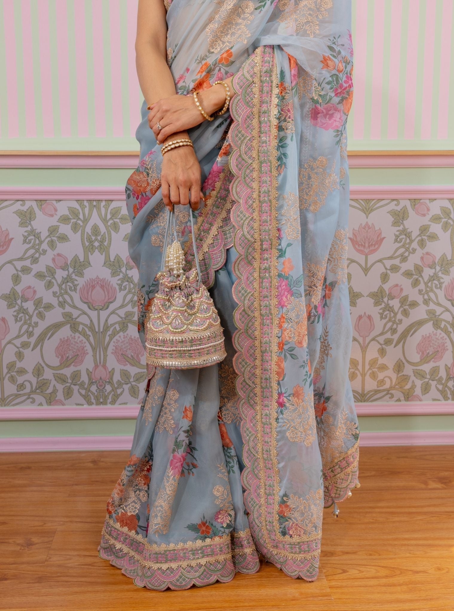 Mulmul Organza Printed Swar Grey Blue Saree