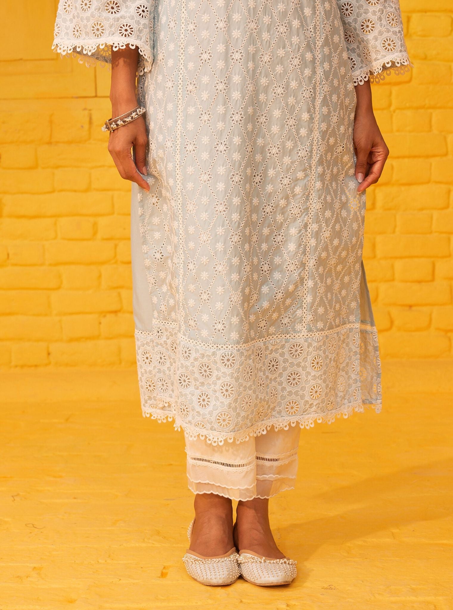 Mulmul Cotton Asti Light Blue Kurta With Mulmul Cotton Saanjh White Pant