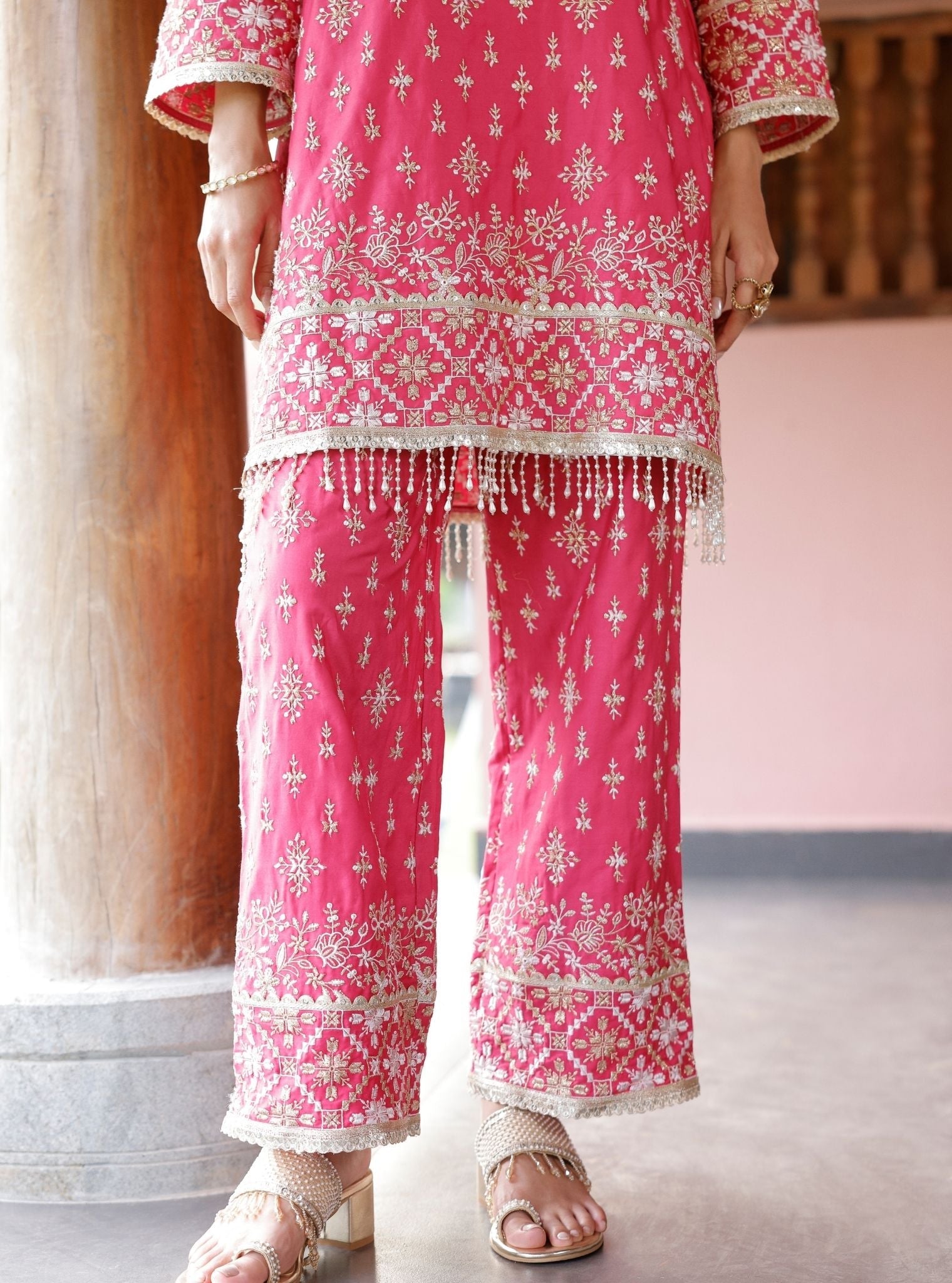 Kalander Pima Satin Fuchsia Kurta Set