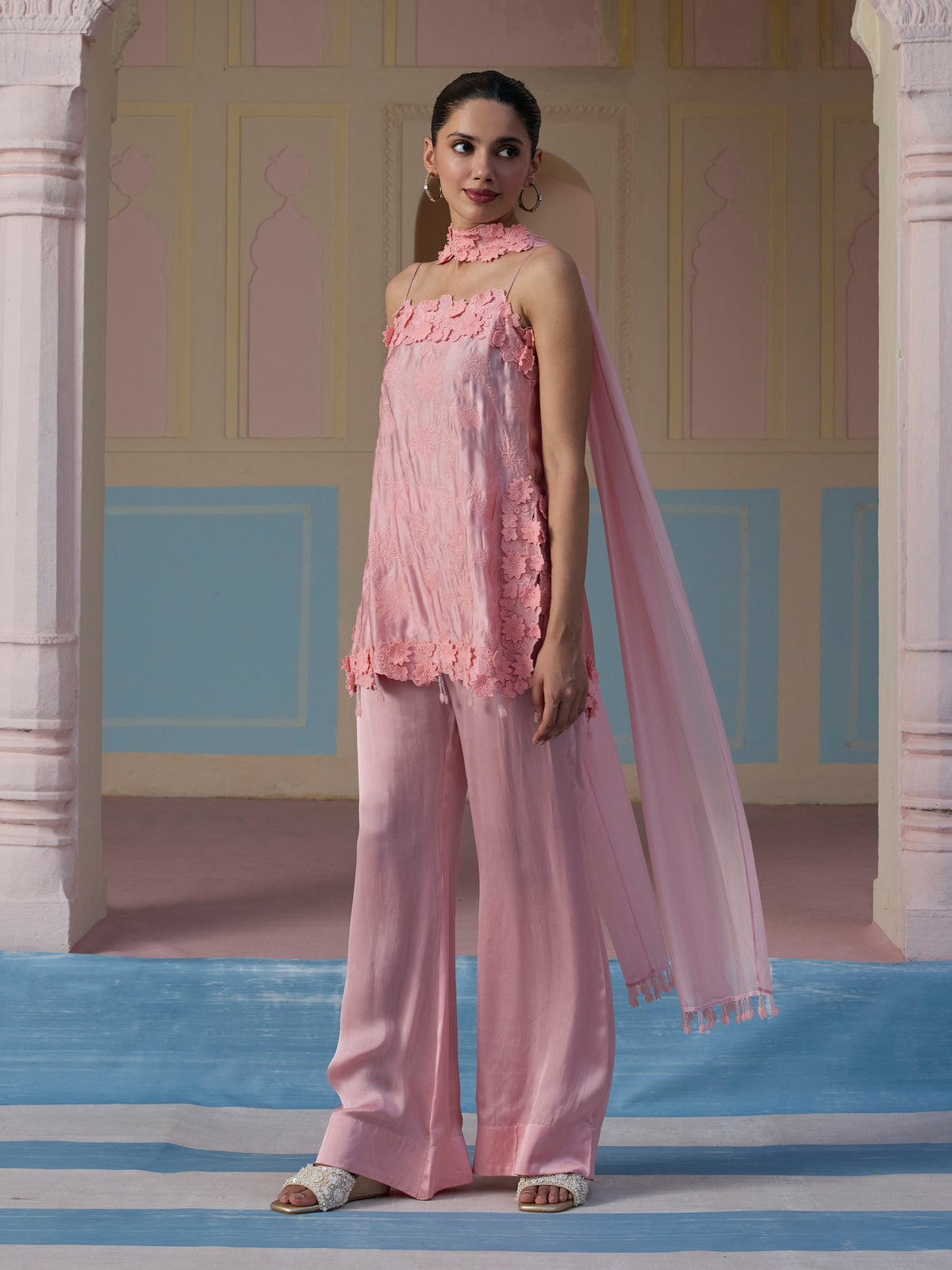 Jheel Cupro Satin Pink Short Kurta Set