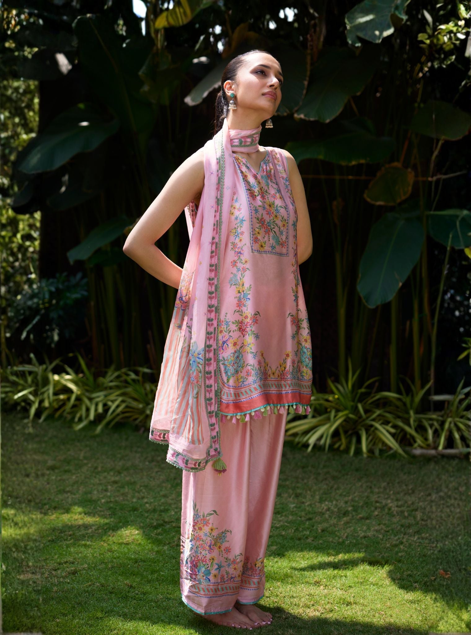 Zivae Cupro Satin Printed Pink Kurta Set