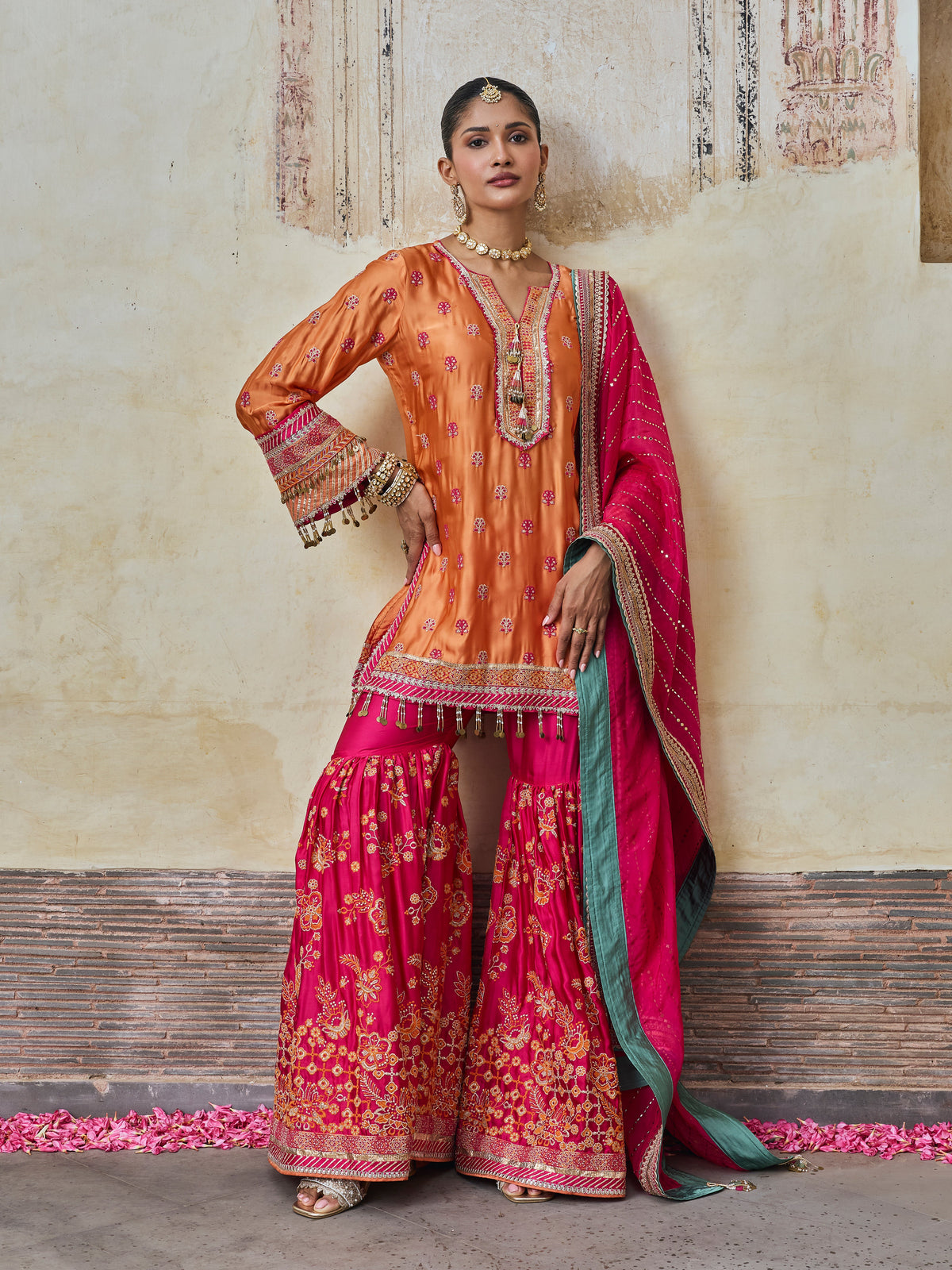 Surkhi Cupro Satin Orange Kurta with Garara