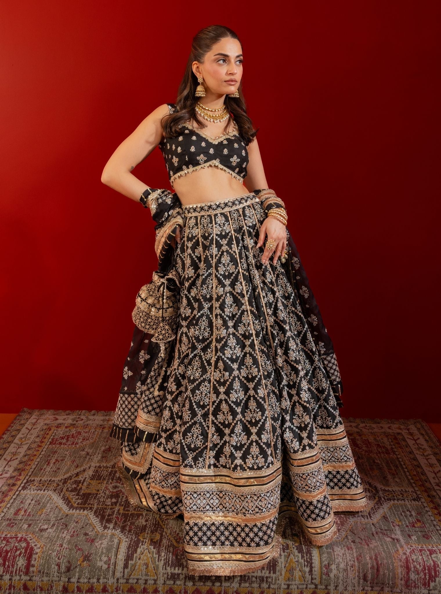 Mulmul Bemberg Silk Anton Black Lehenga