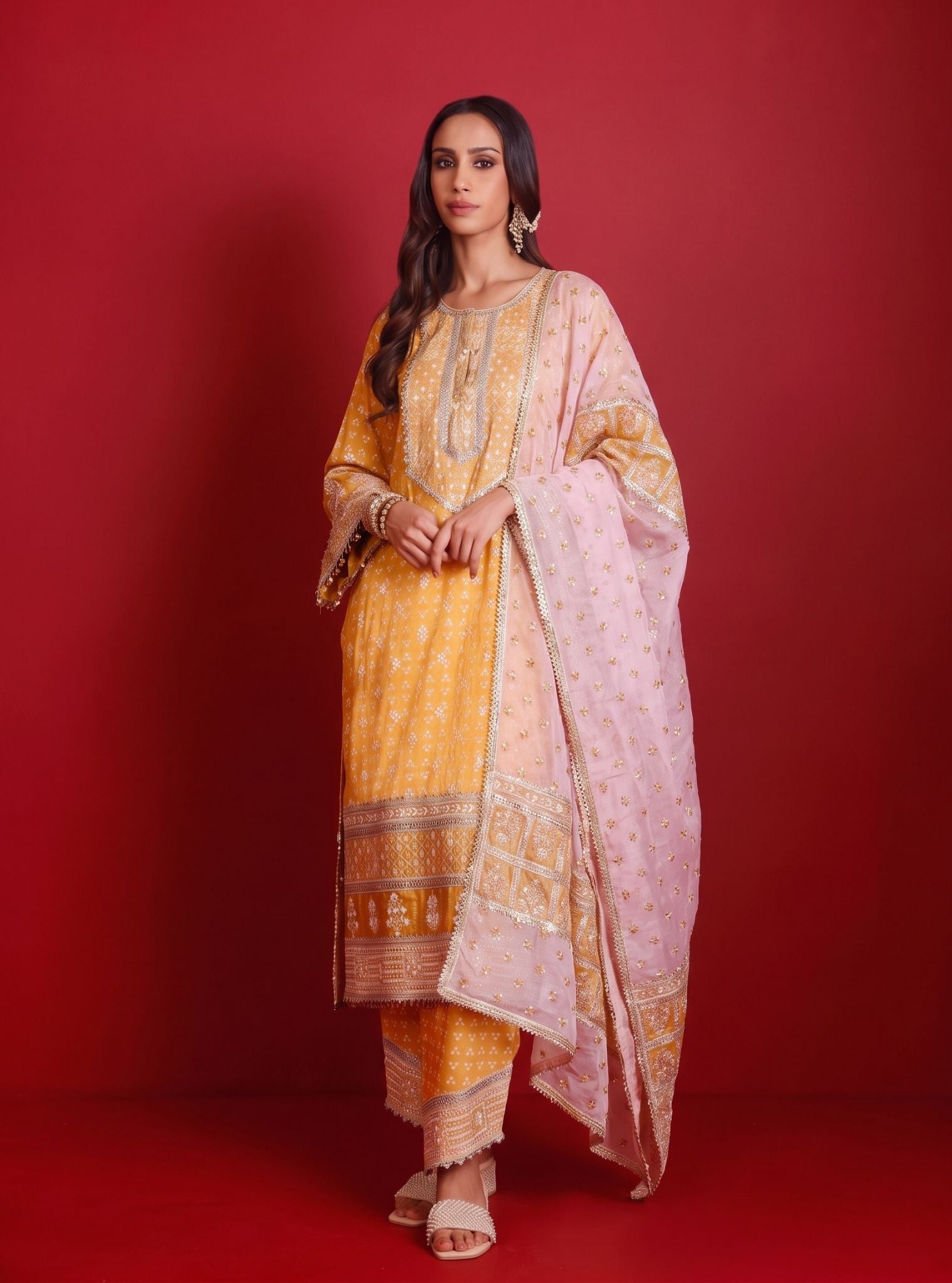Lari Pima Satin Printed Mustard Kurta Set