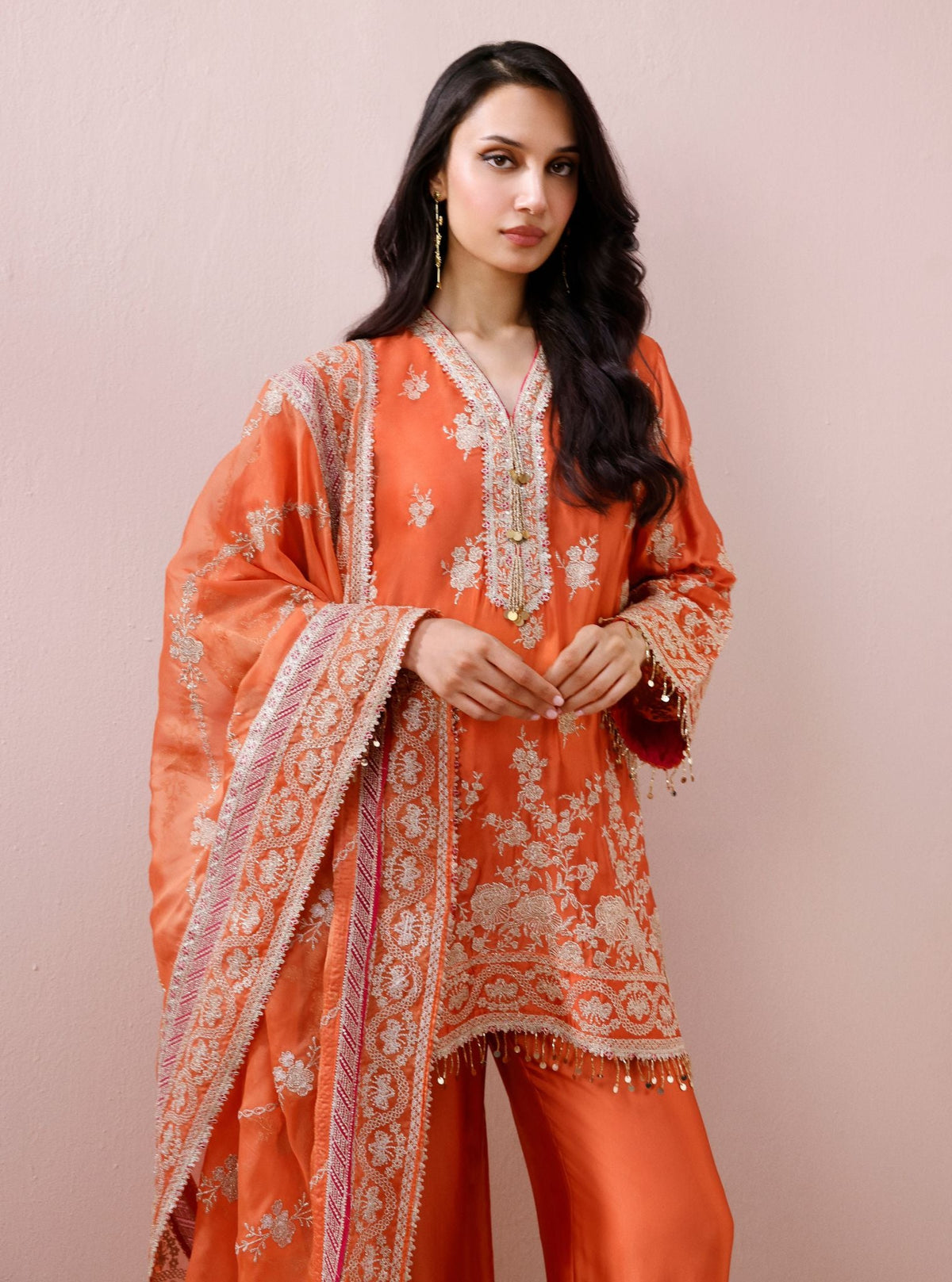 Saaj Cupro Satin Orange Kurta Set