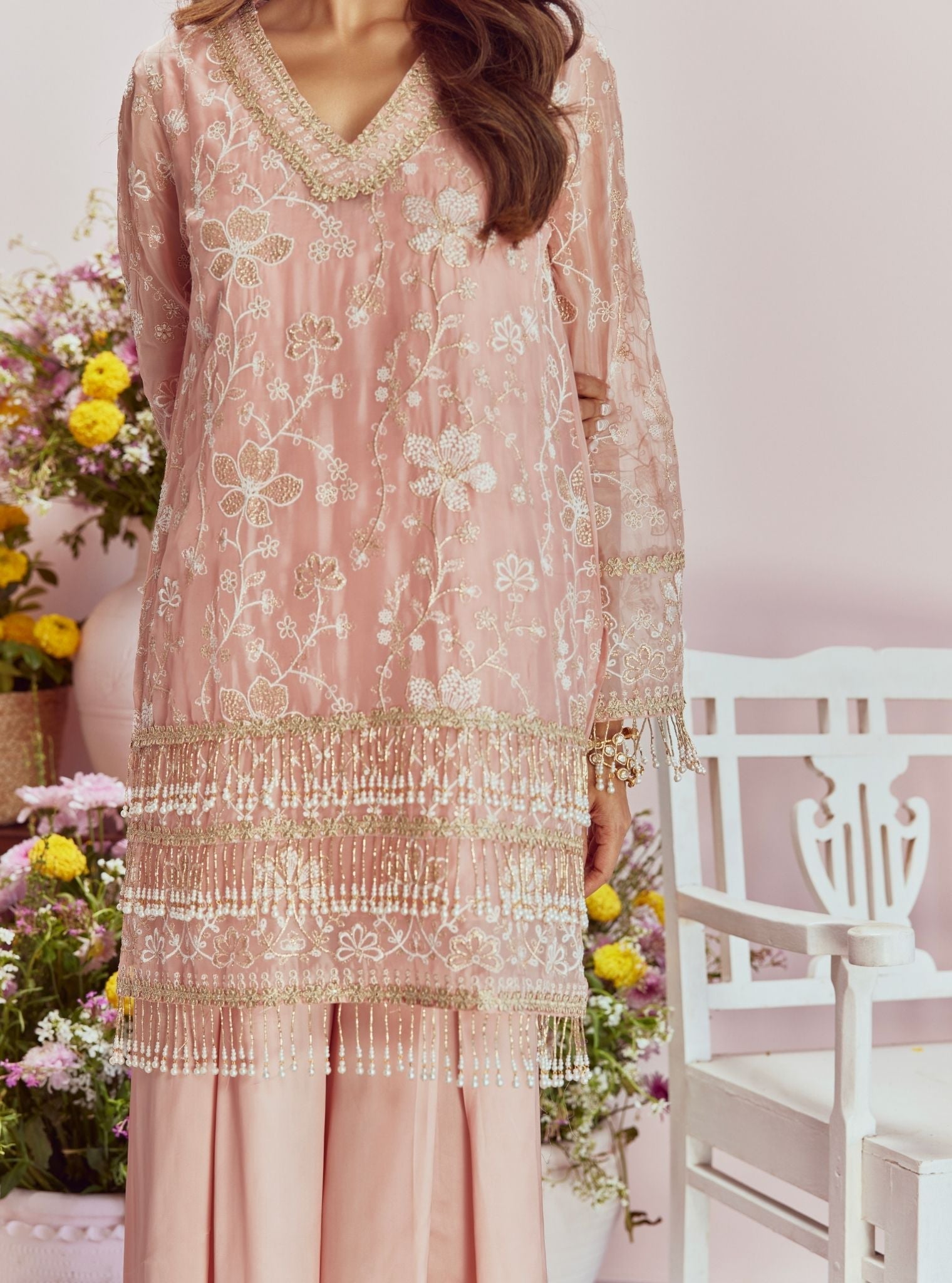 Mulmul Organza Raag Pink Kurta With Mulmul Cupro Satin Raag Pink Sharara