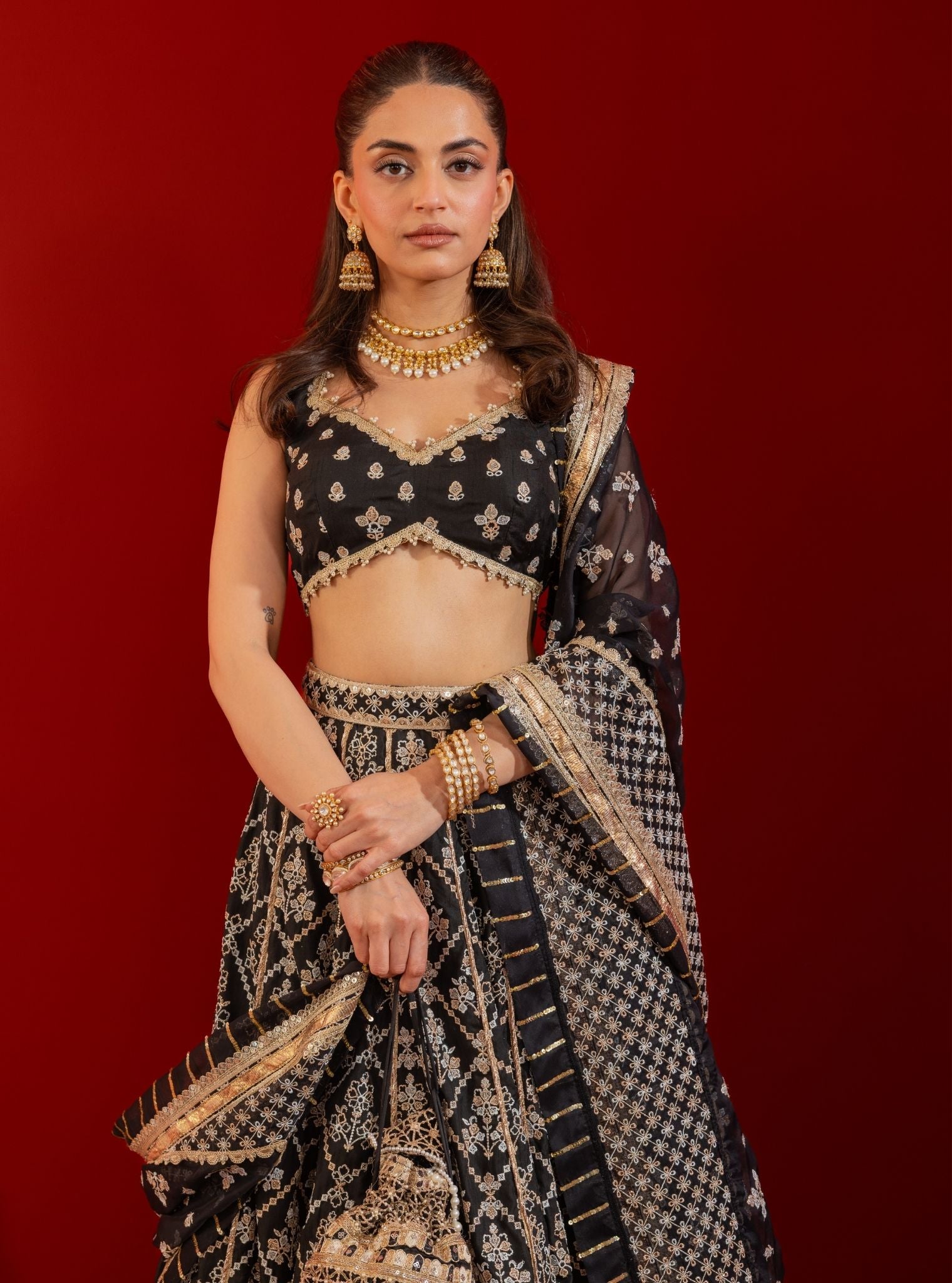 Mulmul Bemberg Silk Anton Black Lehenga