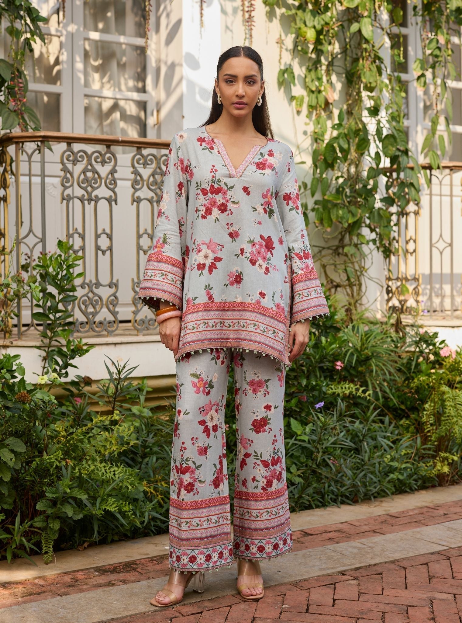 Aelani Linen Printed Blue Top Set