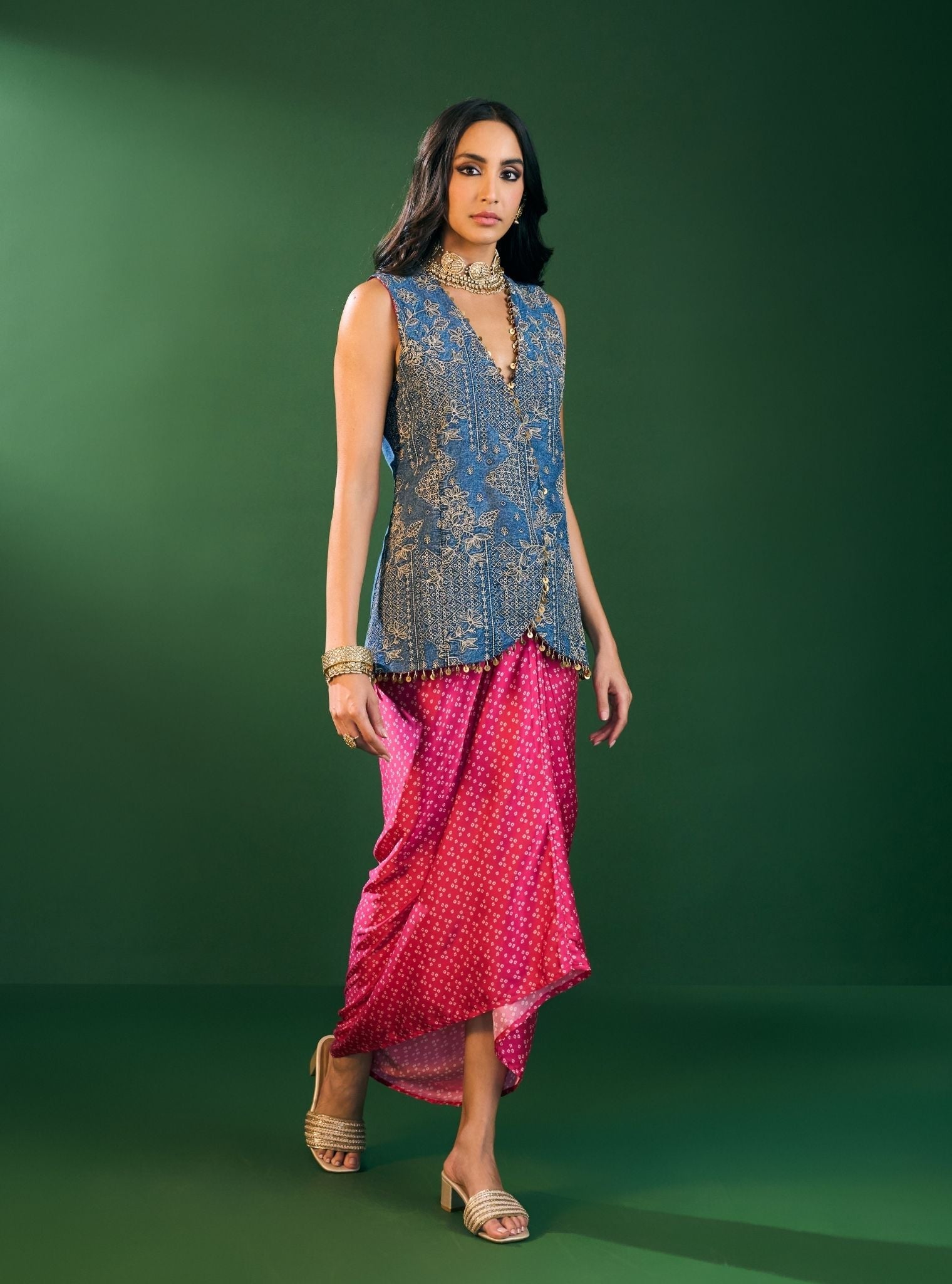 Lunira Denim Waistcoat With Cupro Satin Printed Fuschia Draped Skirt 