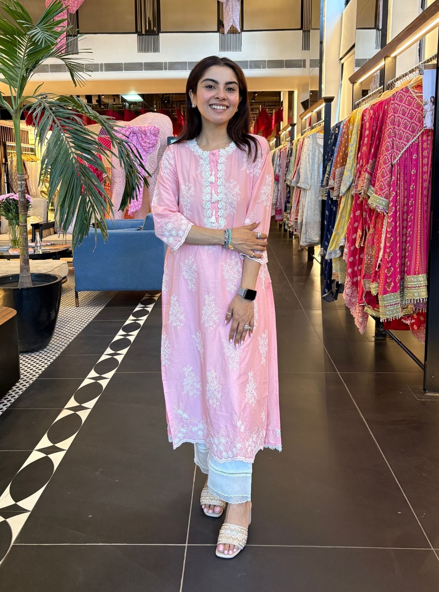 Perla Supima Cotton Light Pink Kurta With Saanjh White Pant