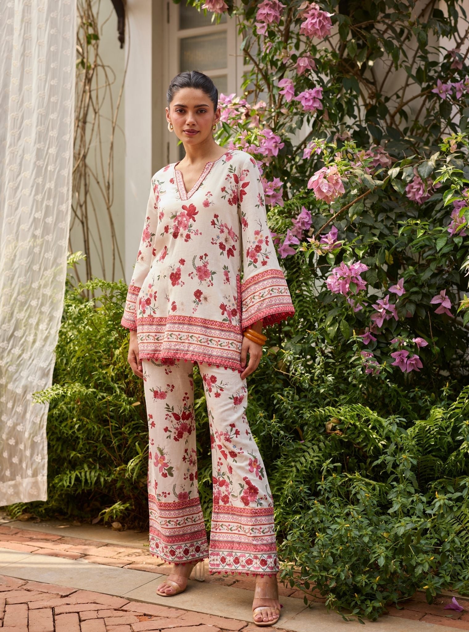 Aelani Linen Printed Off White Top Set