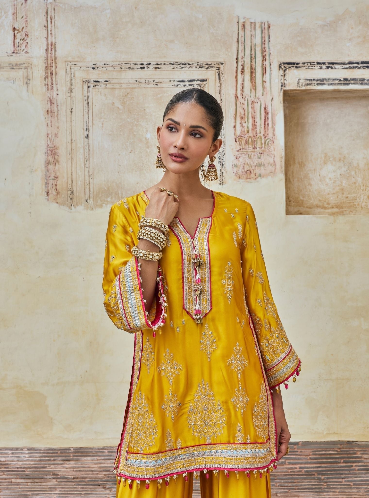 Jaani Cupro Satin Mustard Kurta Set