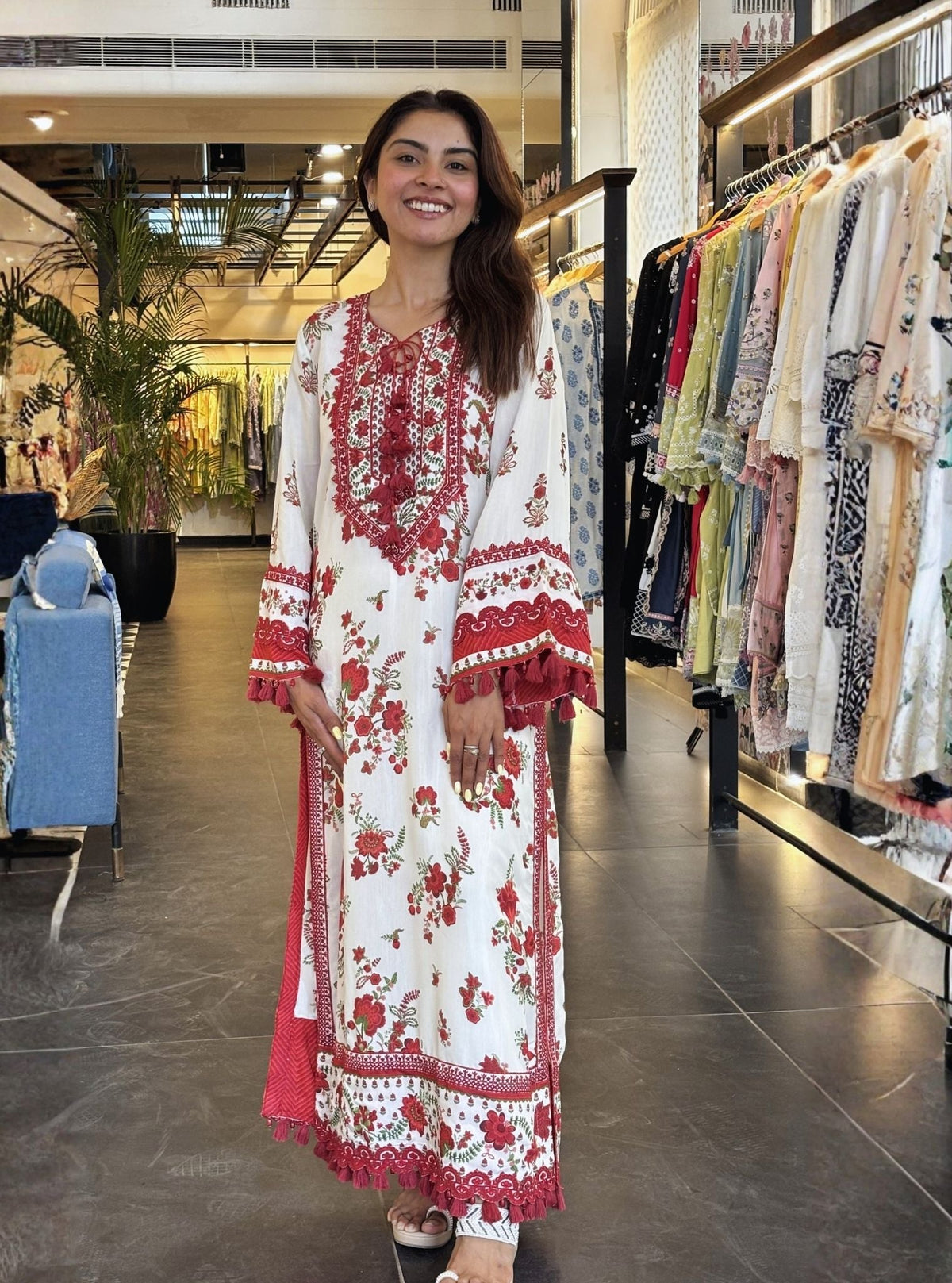 Suvi Lawn Printed Red Kurta Set