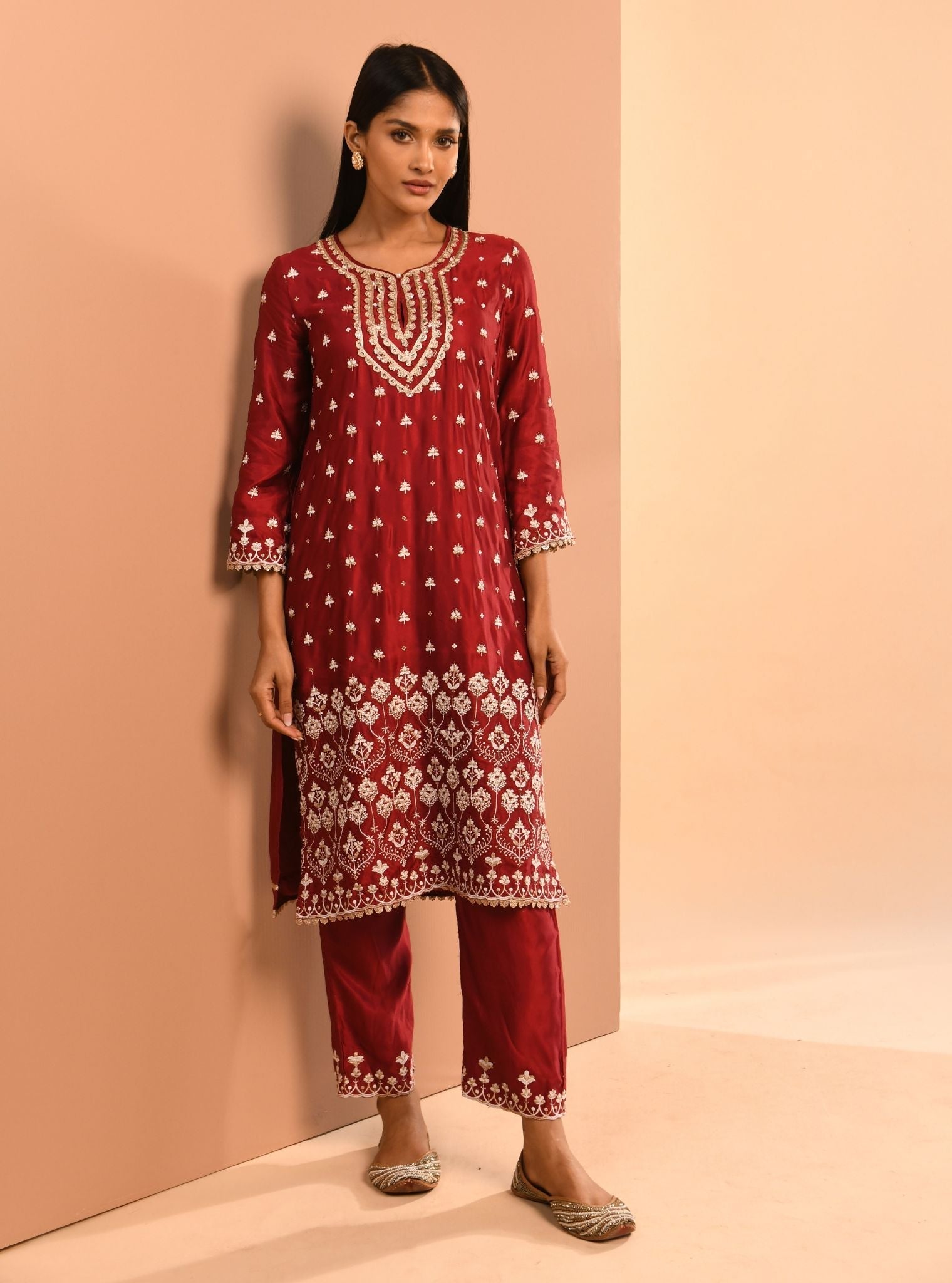 Mulmul Cupro Aarya Wine Kurta