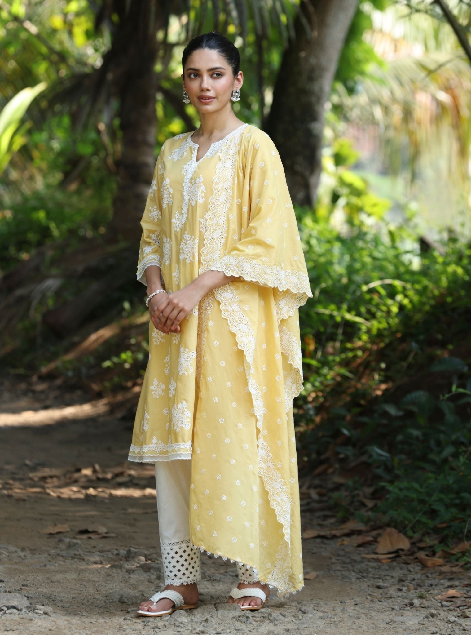 Mulmul Cotton Sira Yellow Kurta With Mulmul Cotton Yuna White Pant