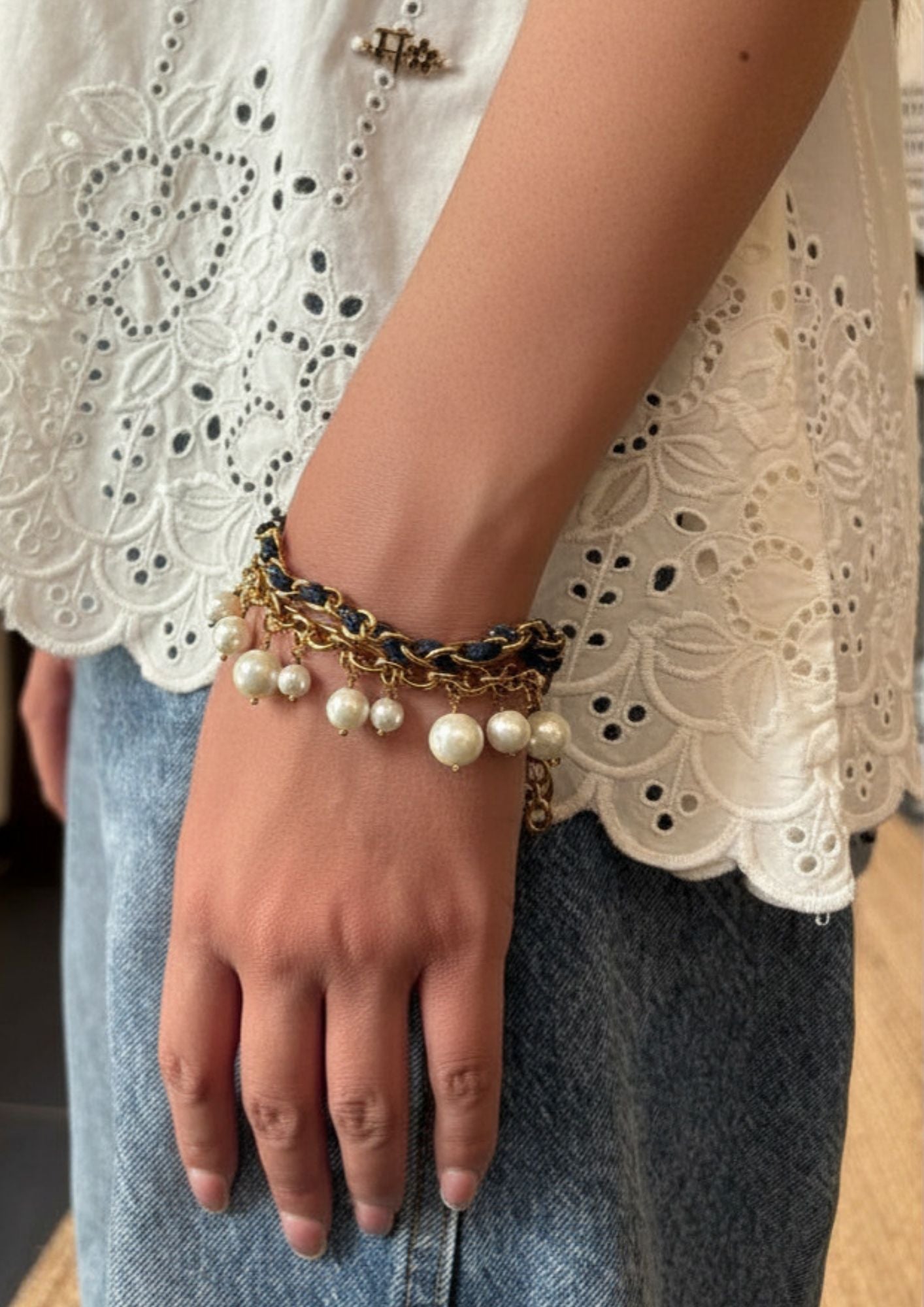 Denim Pearl Dangle Bracelet