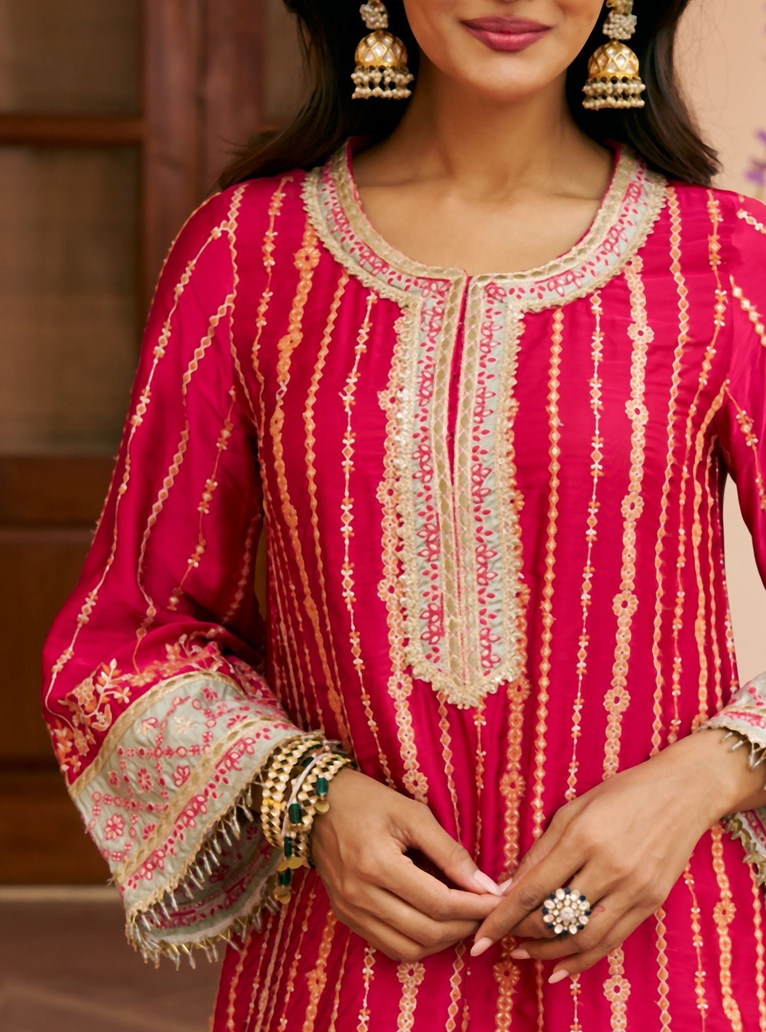 Jhumri Cupro Satin Rani Pink Kurta Set