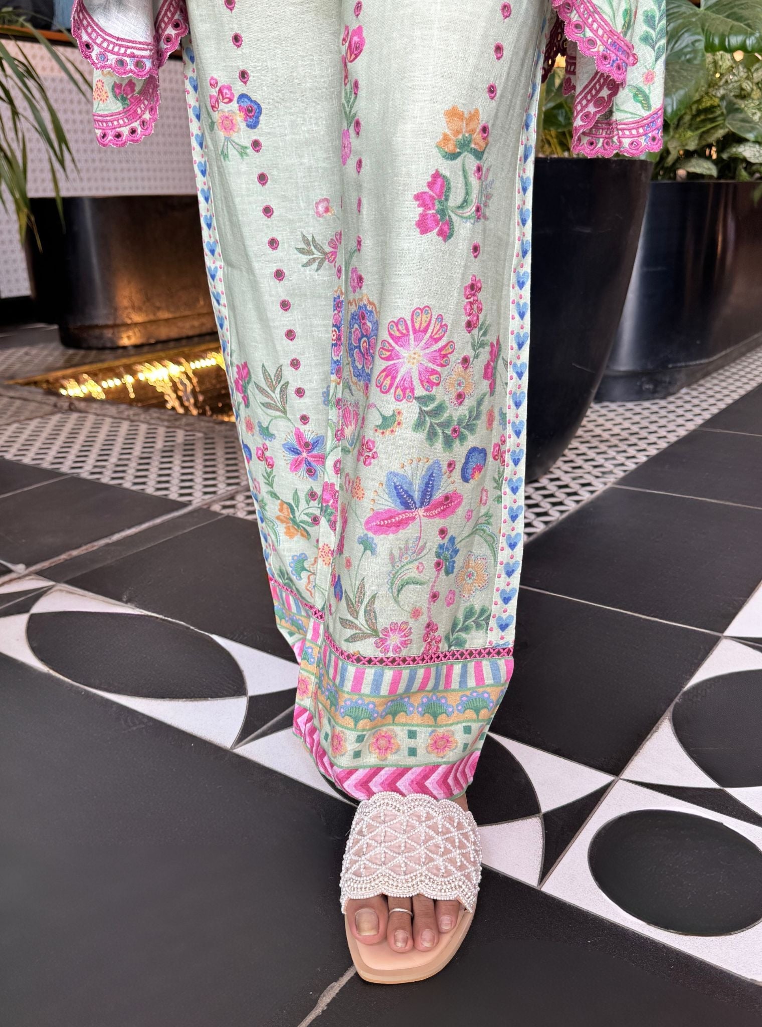Mulmul Printed Linen Aurora Green Kurta With Mulmul Printed Linen Aurora Green Pant