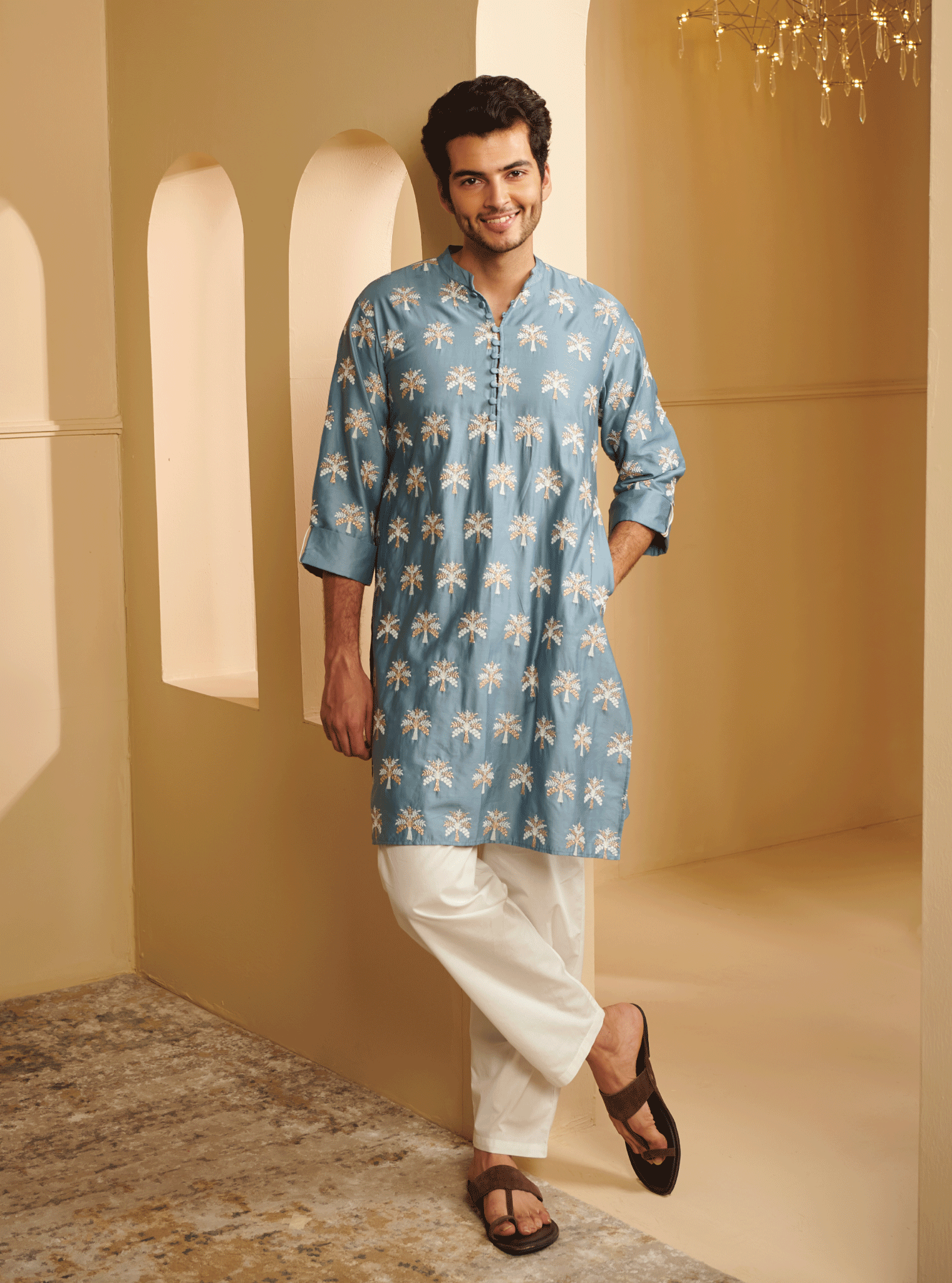 Mulmul Pima Satin Neo Denim Kurta With Mulmul Supima Cotton Neo White Pyajama
