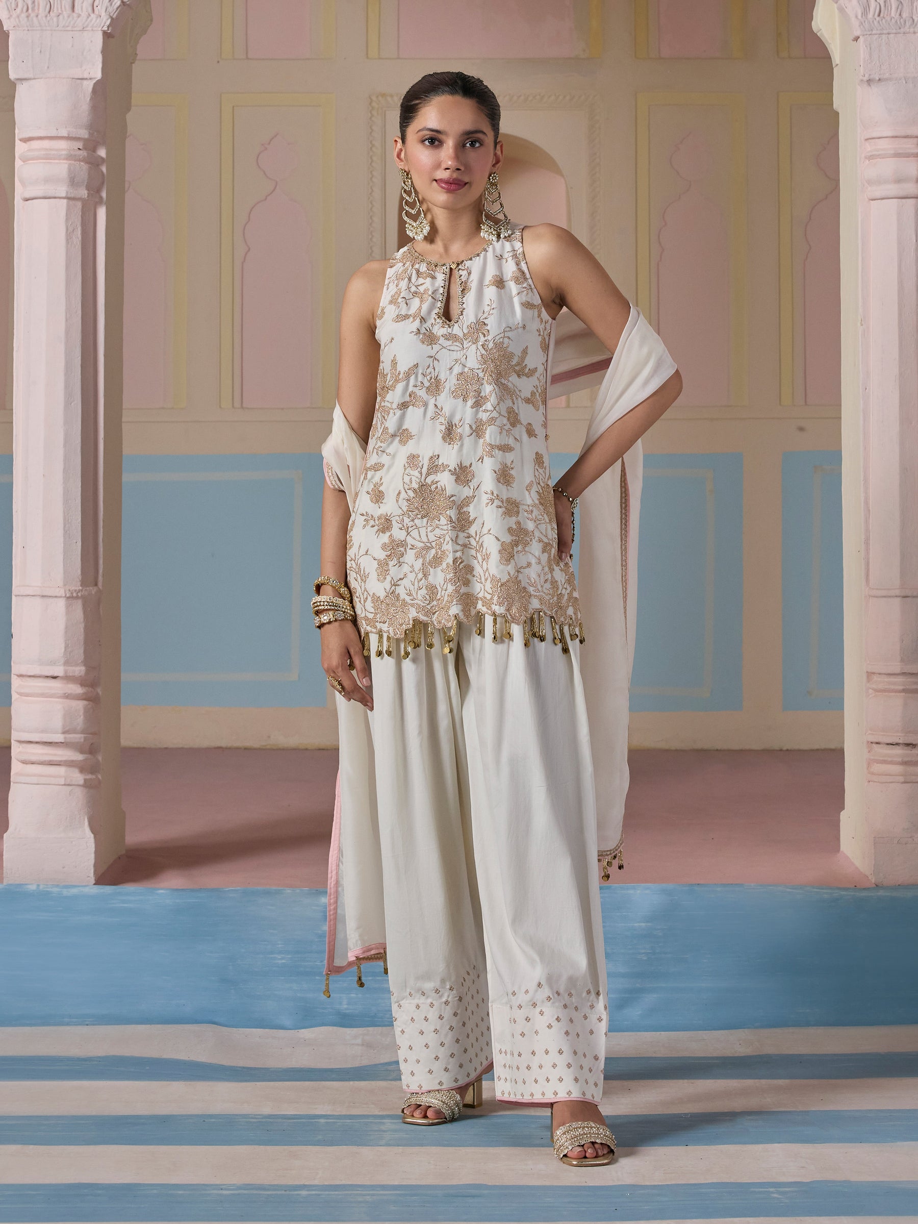 Mala Pima Satin Off White Kurta with Farshi Pants