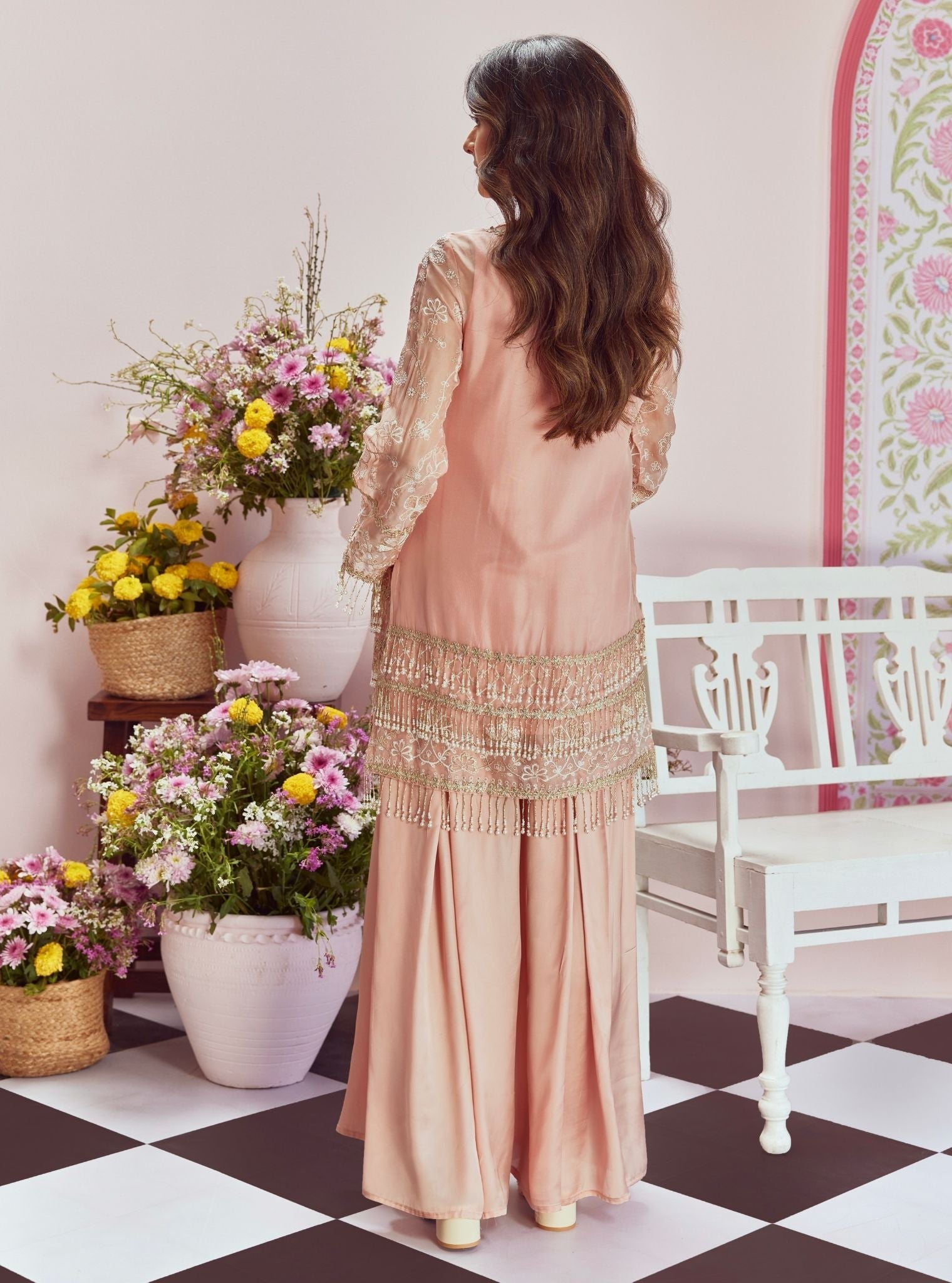 Mulmul Organza Raag Pink Kurta With Mulmul Cupro Satin Raag Pink Sharara