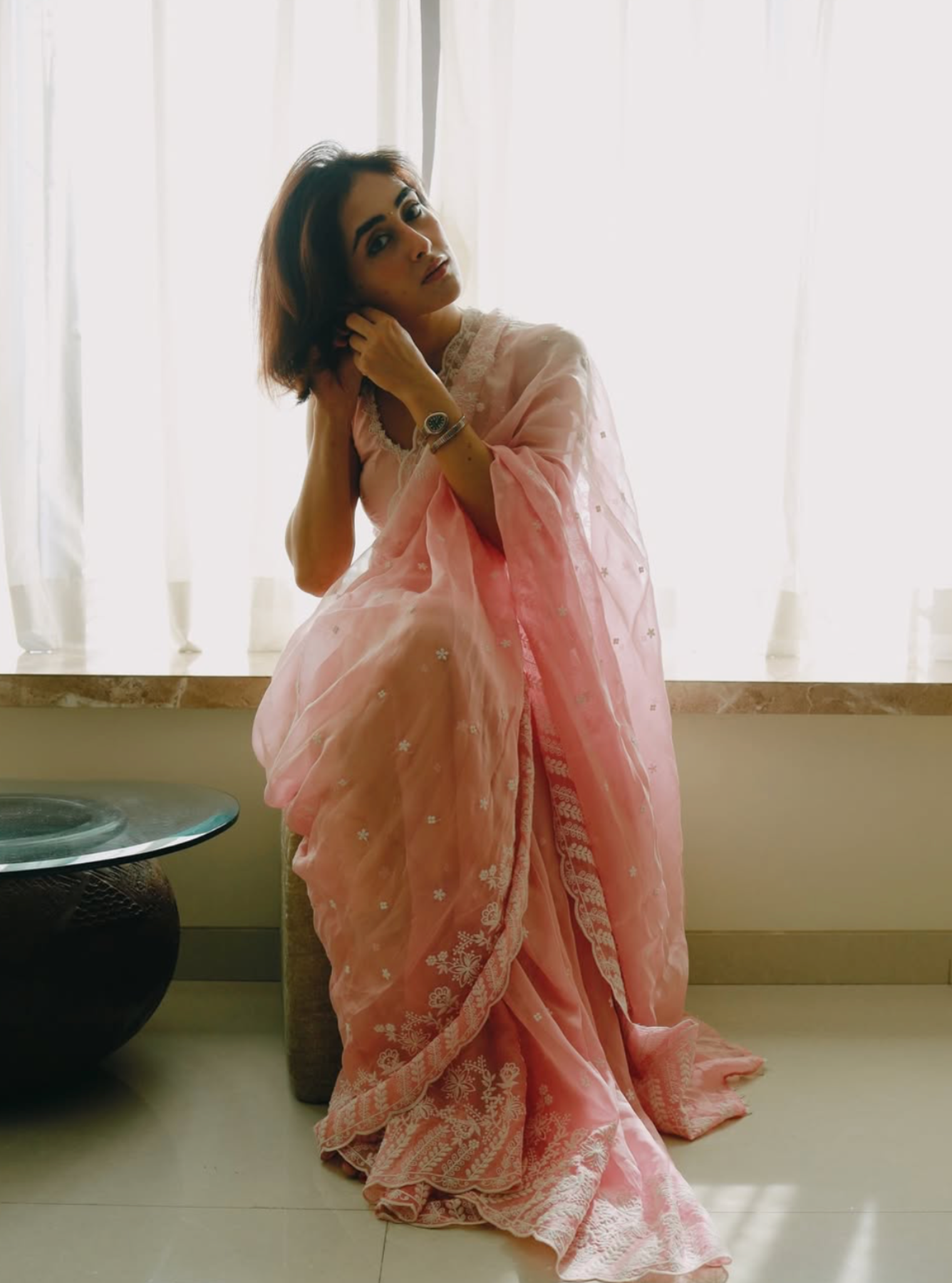 Mulmul Organza Ombre Roja Pink Saree