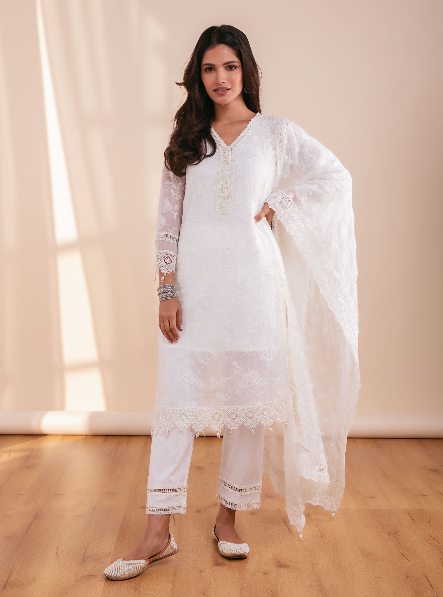 Mulmul Organza Delilah Off White Kurta