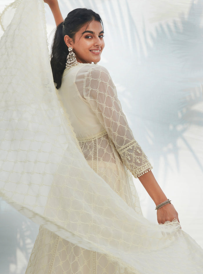 Mulmul Organza Anarkali Dori White Kurta