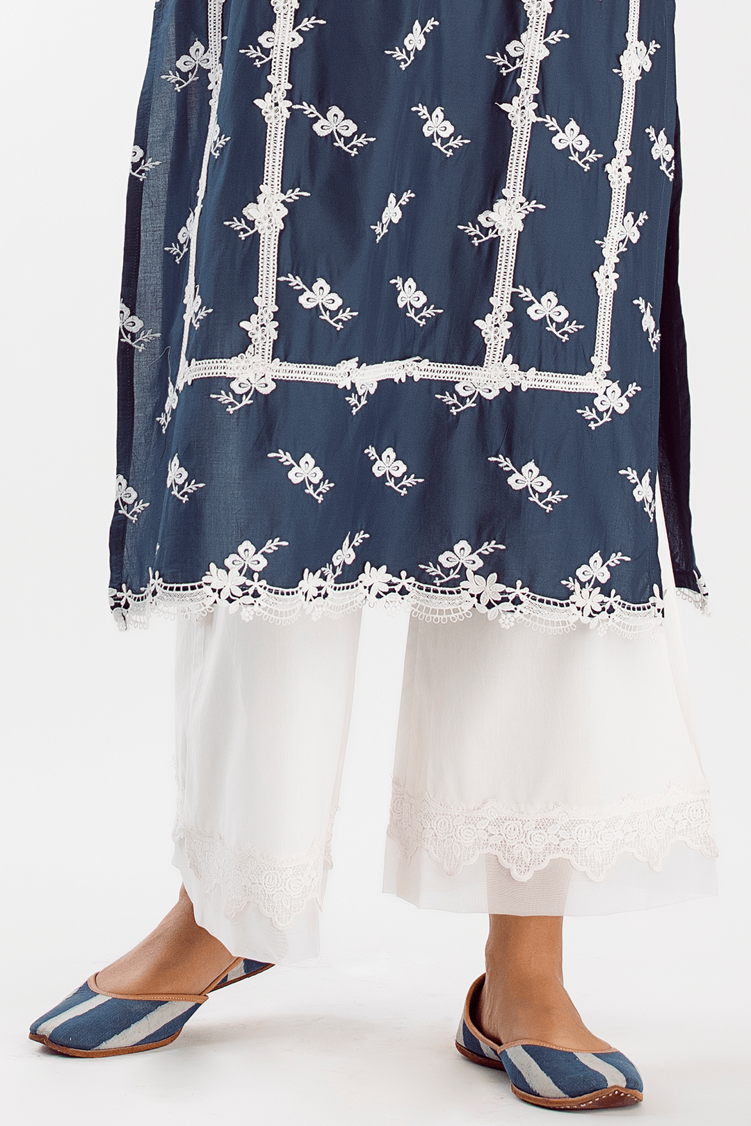 Mulmul Supima Cotton Lace Bell Bottom White