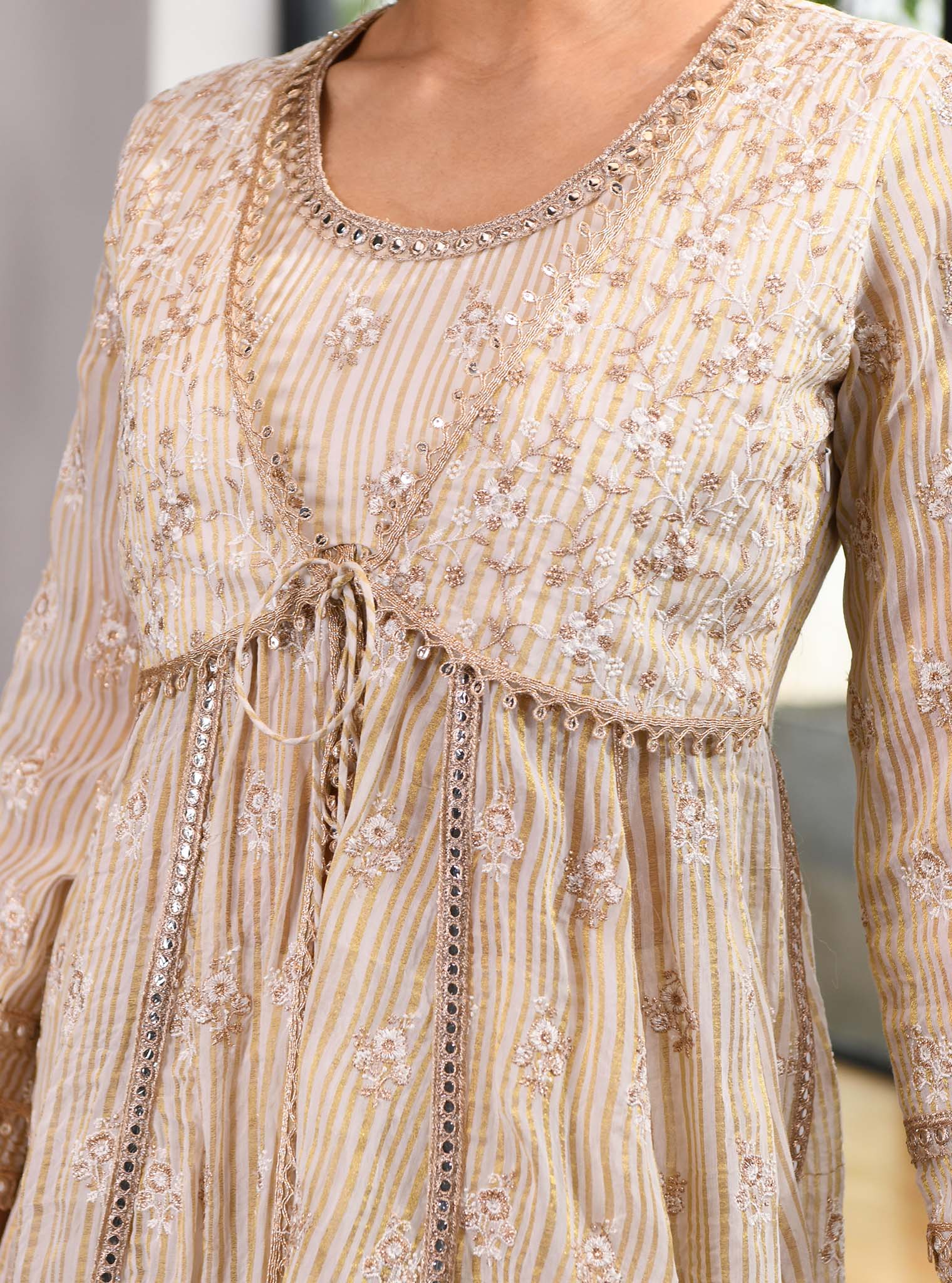 Mulmul Banarsi Finsbury Short Off White anarkali Kurta