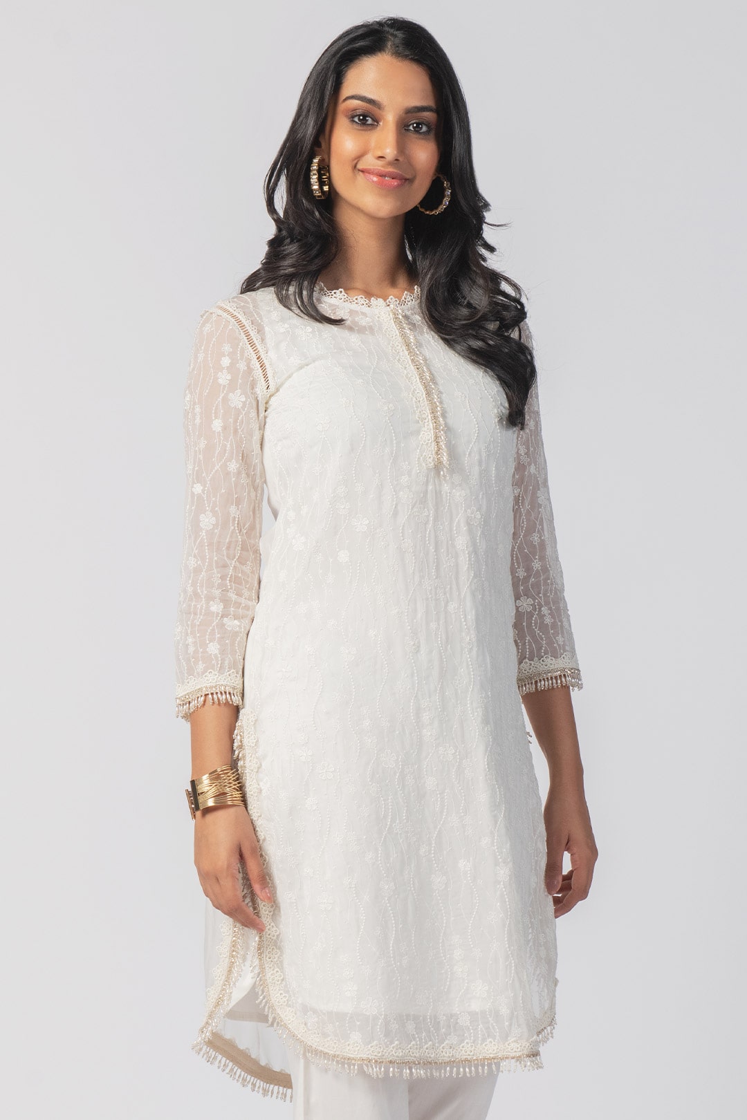 Freya Tencel Luxe Organza White Kurta with Supima Cotton Round Hem White Pant Set