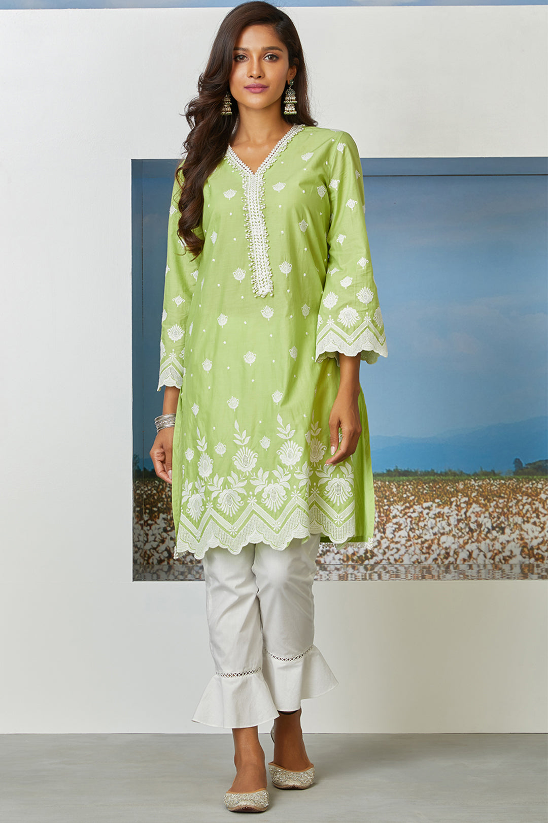 Gardencress Supima Cotton Lime Green Kurta Set