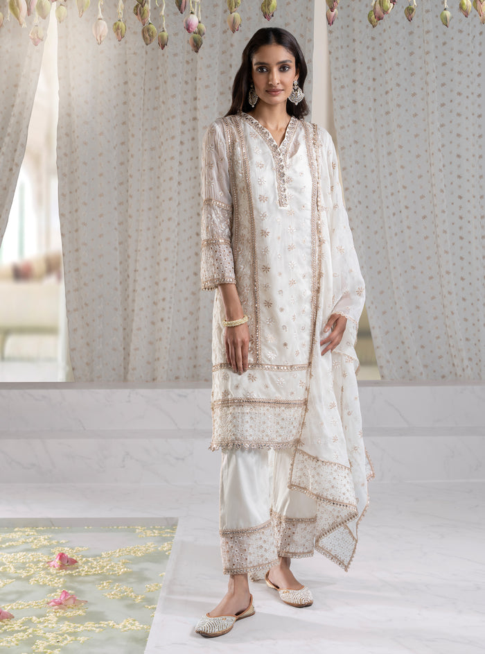 Mulmul Organza ILahi Off White Kurta