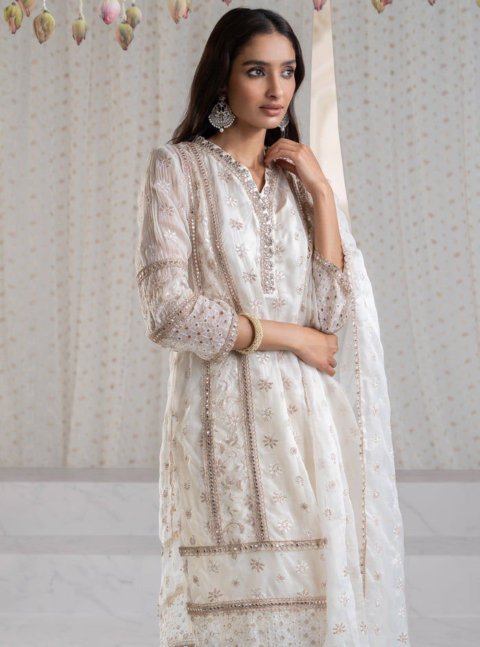 Mulmul Organza Taveli Off White Blue Dupatta main image 0