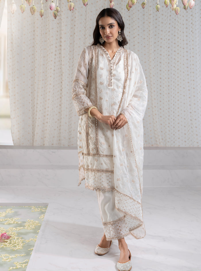 Mulmul Organza ILahi Off White Kurta