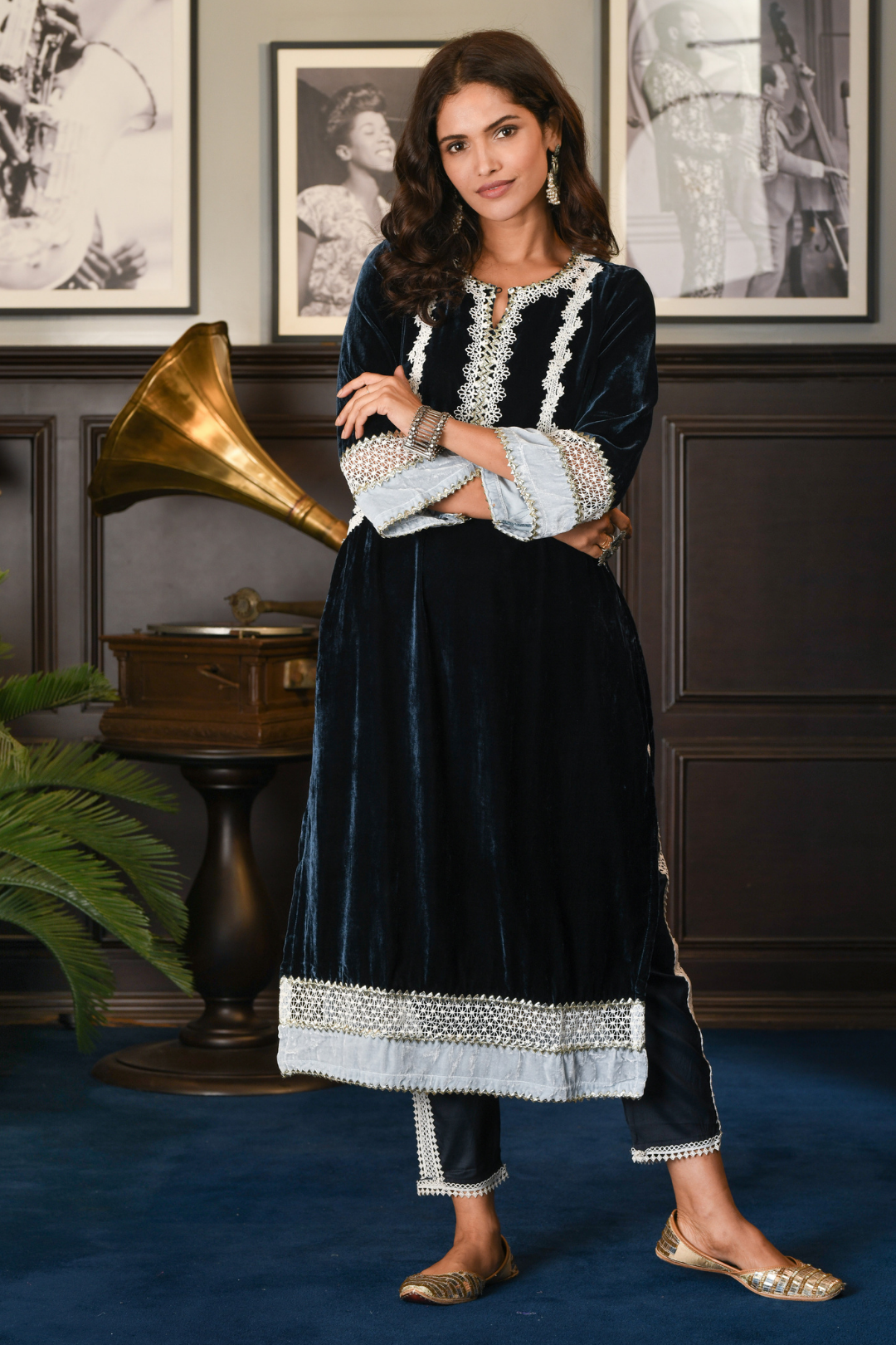 Makhmal Birch Kurta with Olive Navy Pyajama