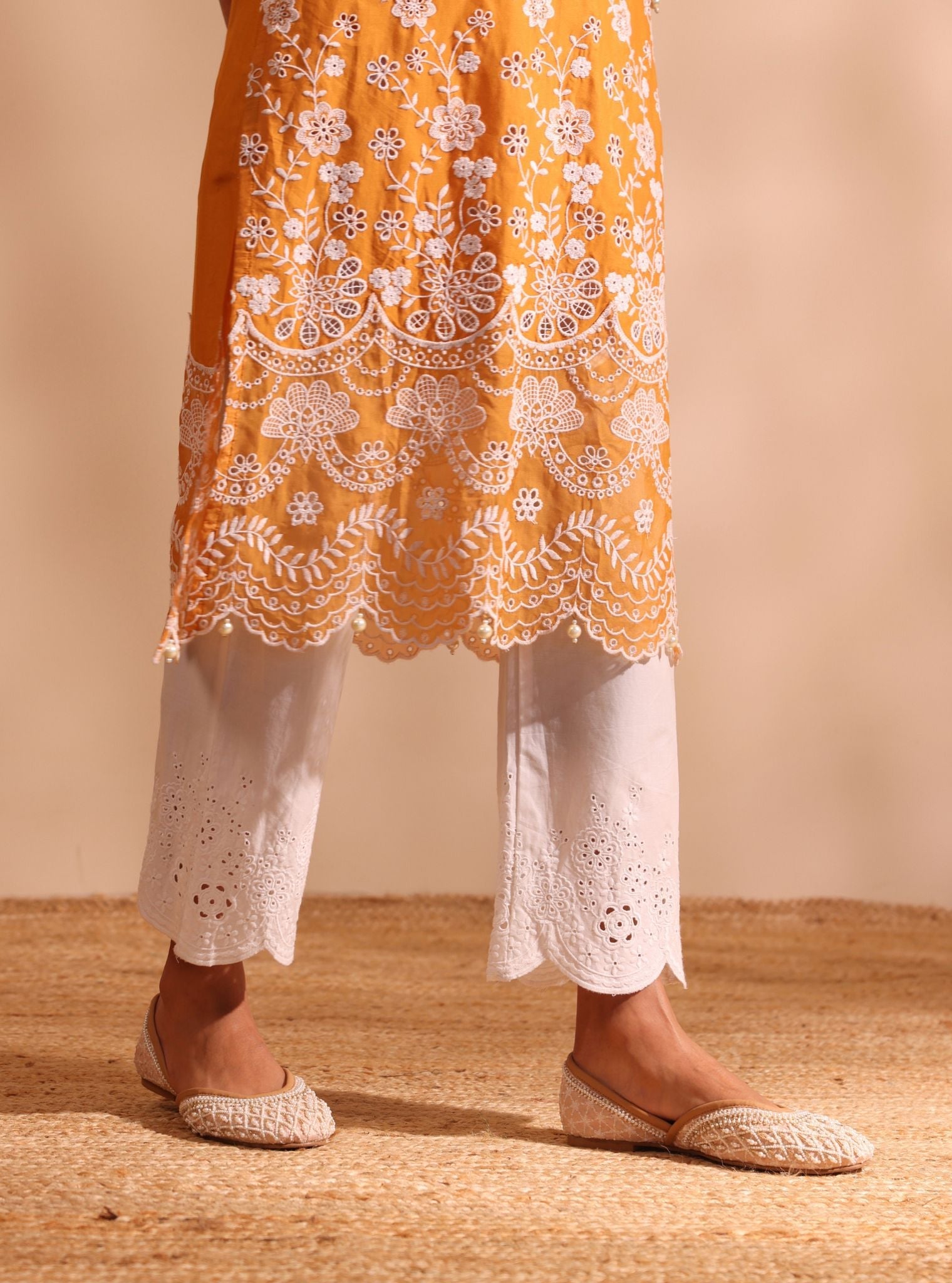 Mulmul Cotton Suma Orange Kurta With Mulmul Cotton Cosette White Pant
