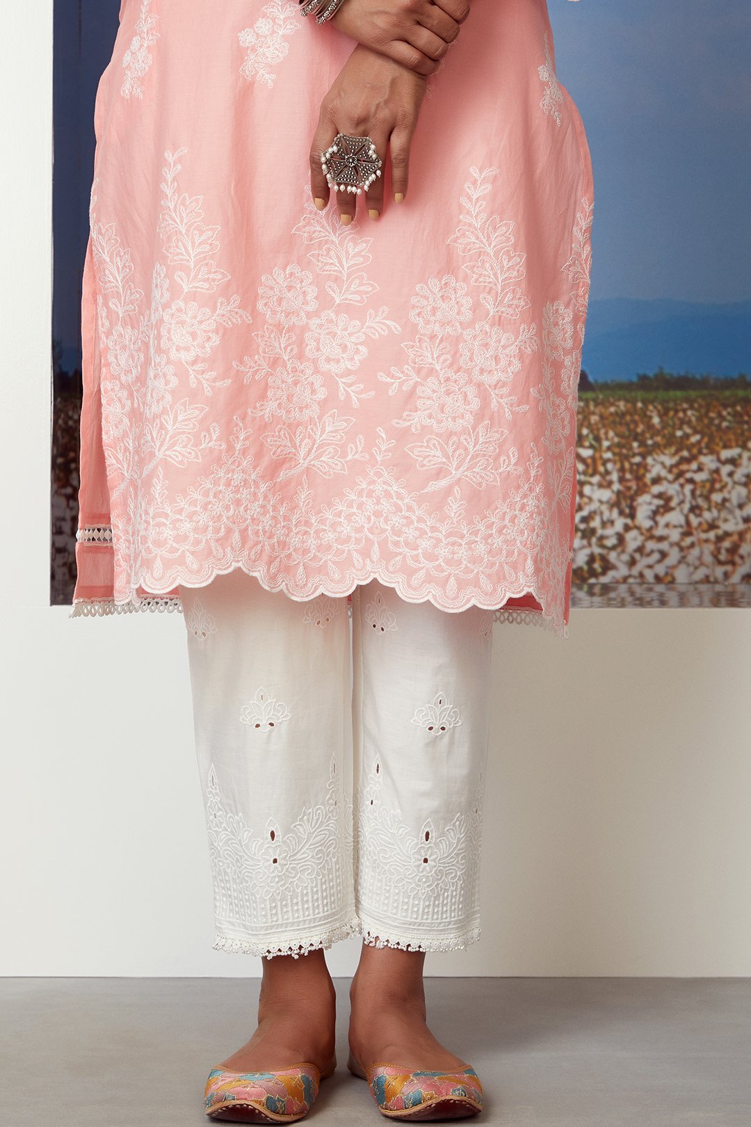 Mulmul Supima Cotton Embroidered Eyelet Pyajama White