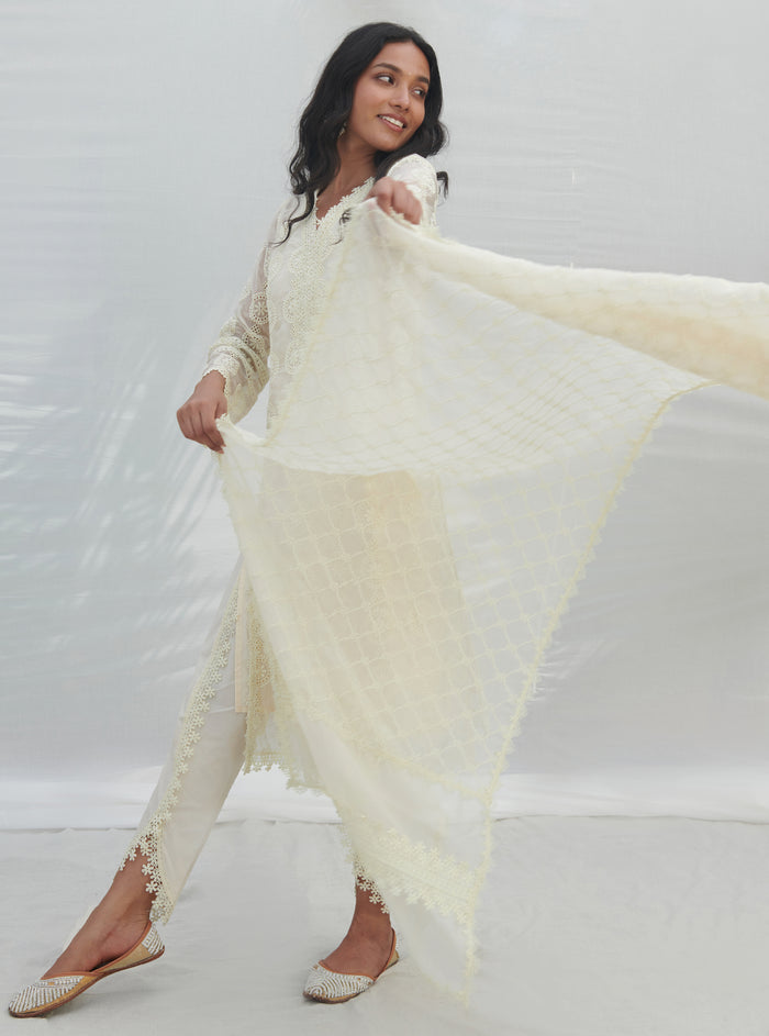 Mulmul Organza Nelli White Kurta