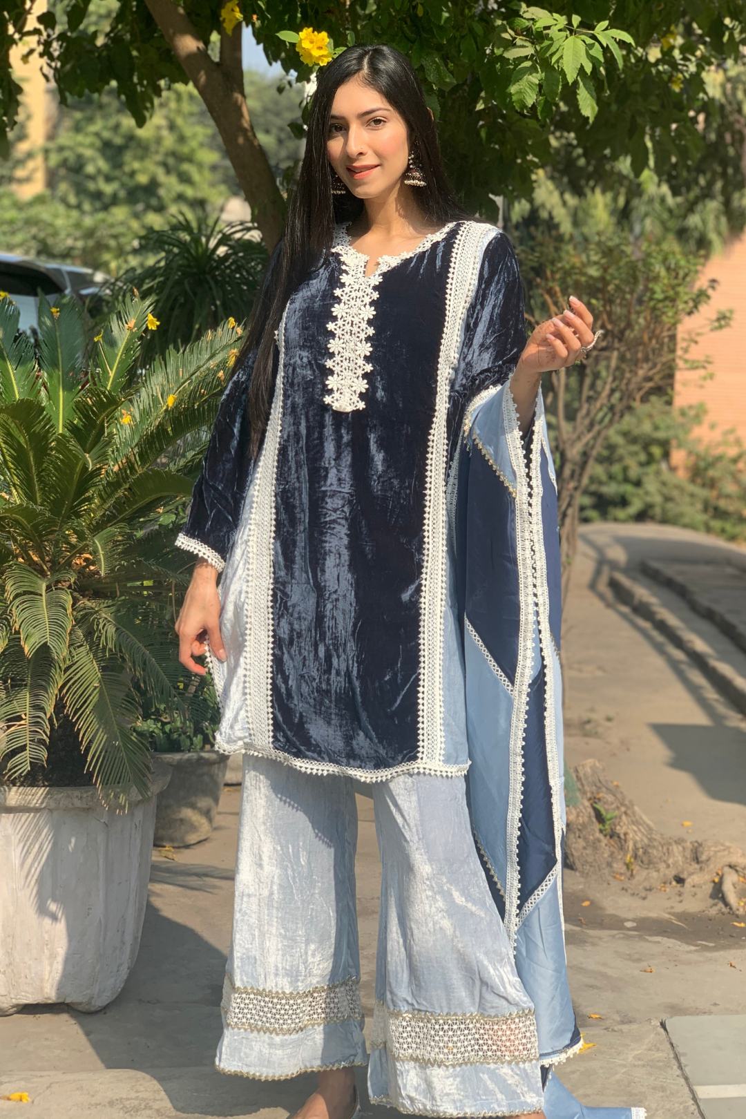 Makhmal Olive Kurta With Birch Blue Pyajama