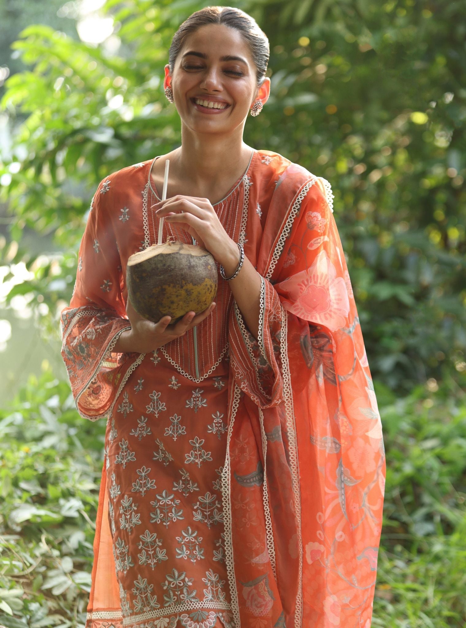 Mulmul Organza Shail Teracotta Kurta With Mulmul Cotton Shail Teracotta Pant