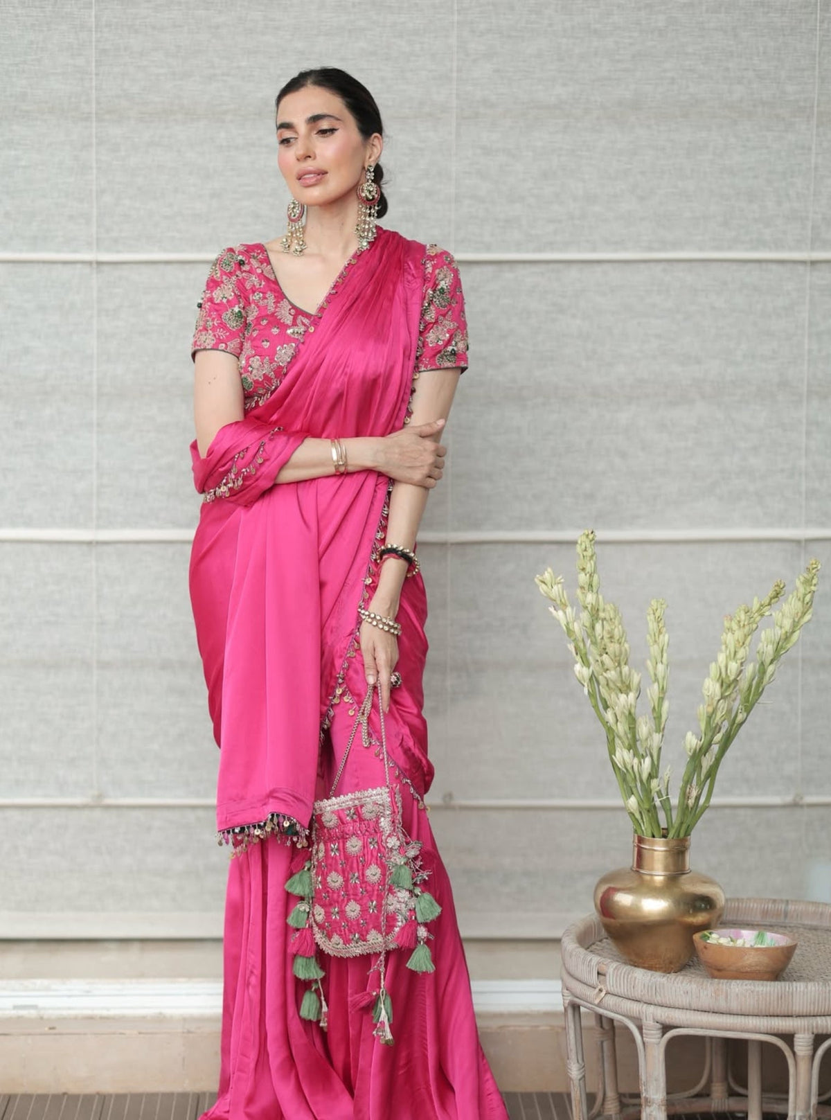 Saawari Cupro Satin Fuchsia Pre-draped Saree with Raw Silk Blouse