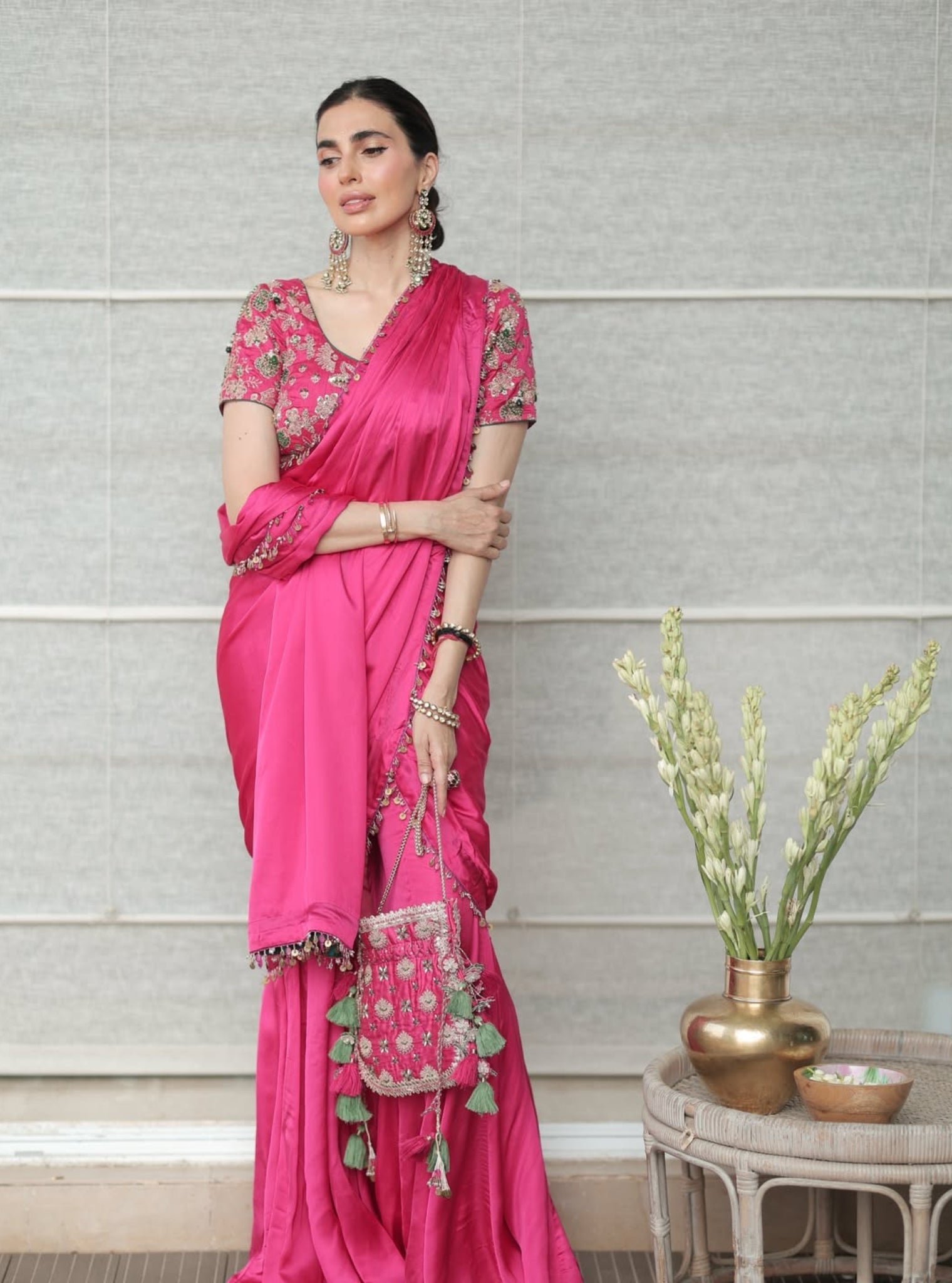 Saawari Cupro Satin Fuchsia Pre-draped Saree with Raw Silk Blouse