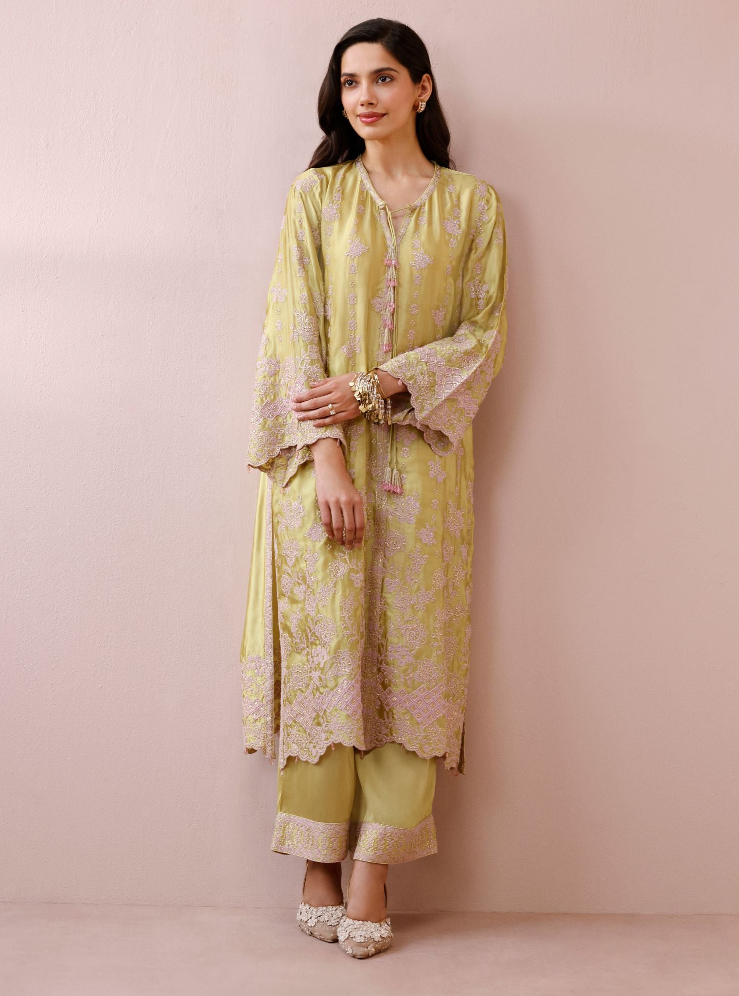 Arlette Cupro Satin Lime Long Kaftan Set